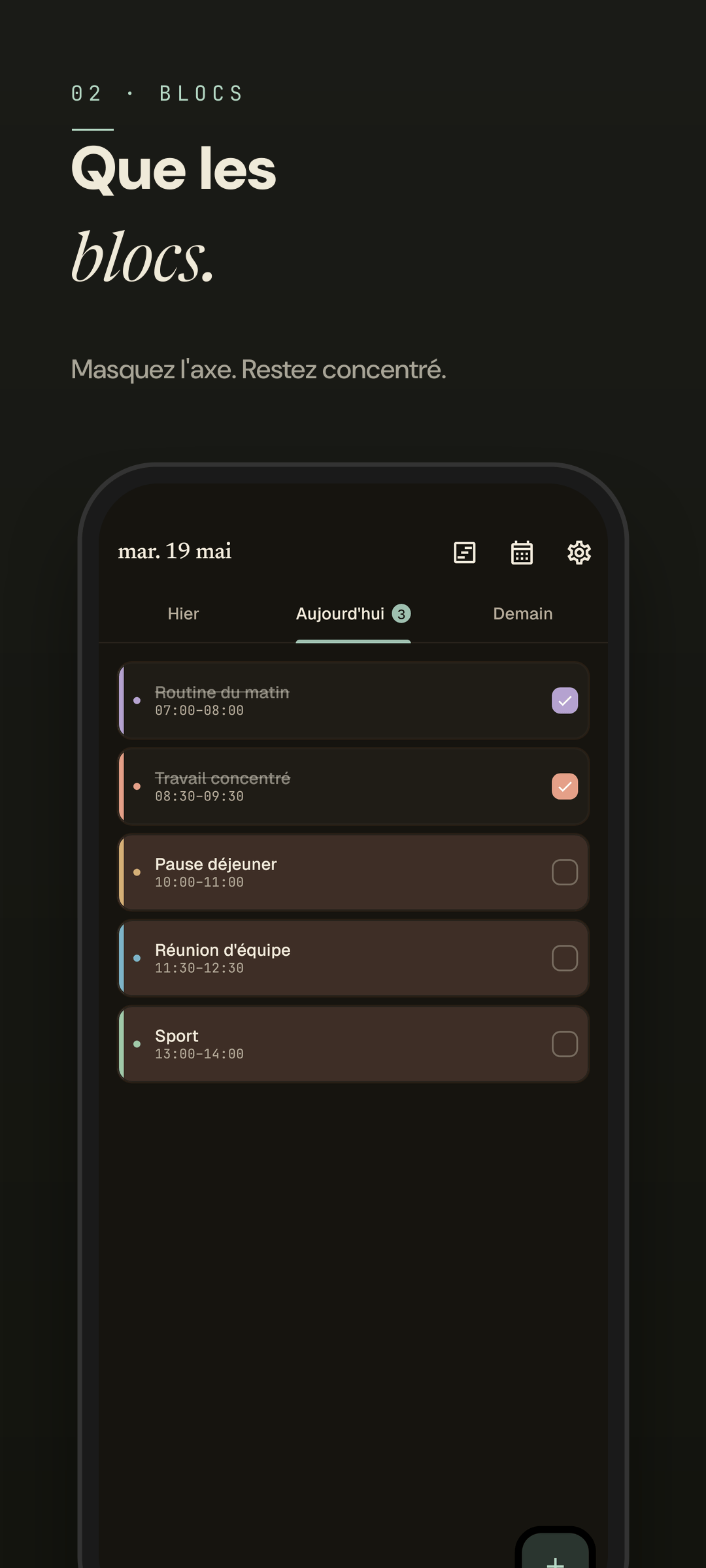 Easeline mode bloc — même sélecteur de bloc en mode sombre