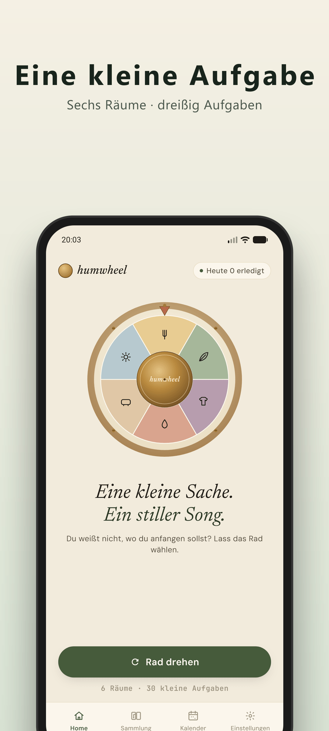 Humwheel Startbildschirm — das ADHS-Putz-Roulette bereit zum Drehen