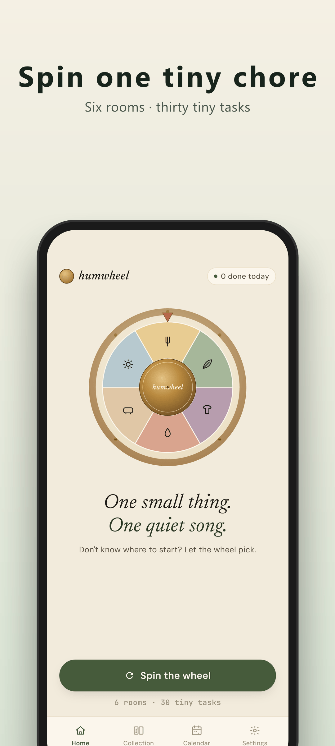 Humwheel home screen — the ADHD chore roulette wheel ready to spin