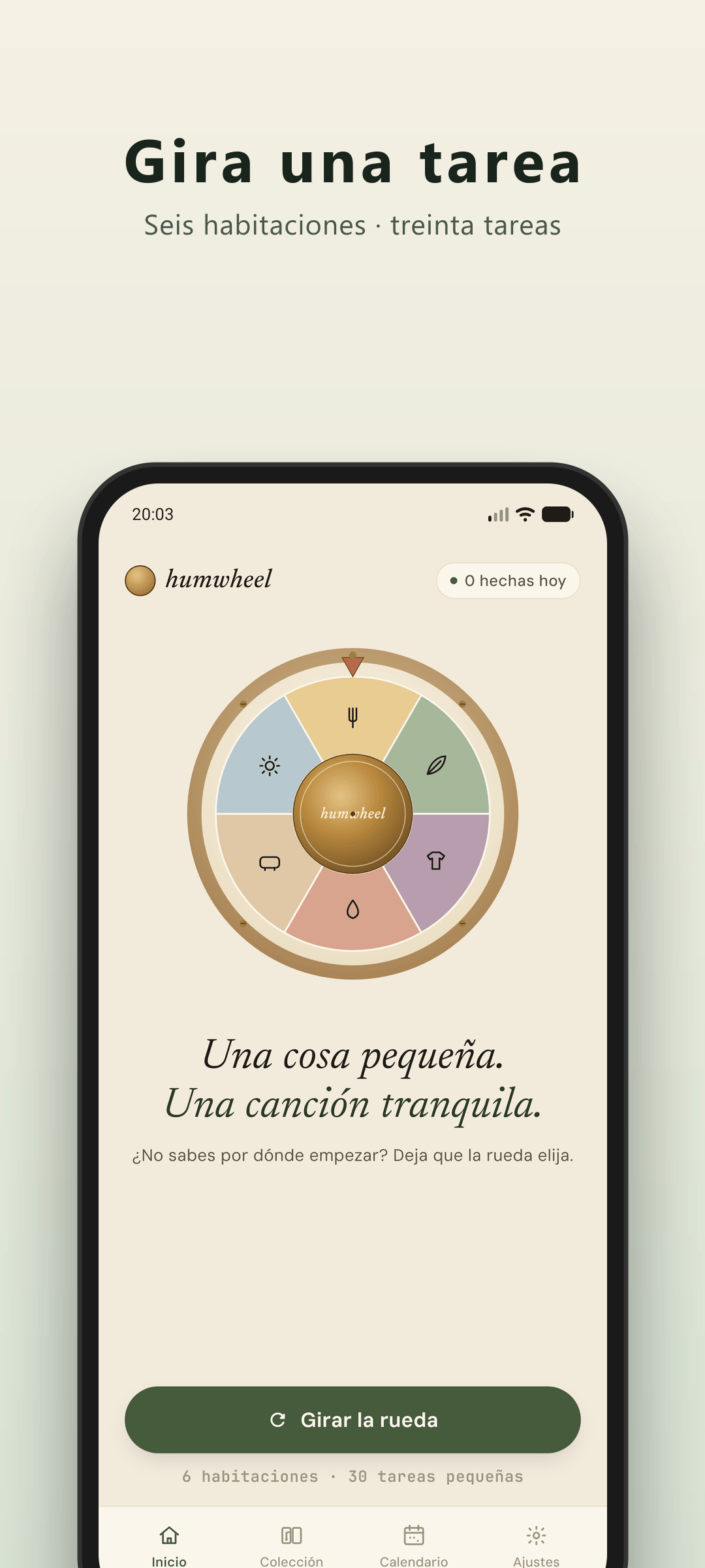Pantalla de inicio de Humwheel — la ruleta de tareas TDAH lista para girar