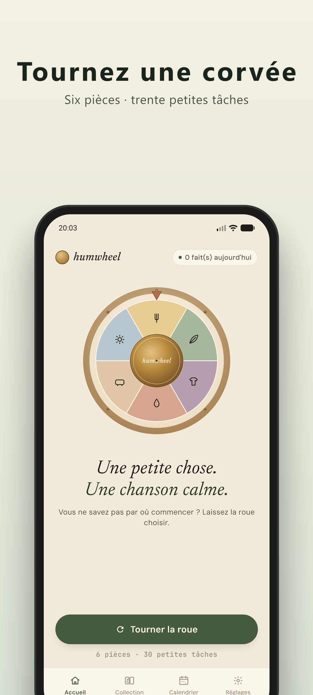 Écran d'accueil Humwheel — la roulette de ménage TDAH prête à tourner