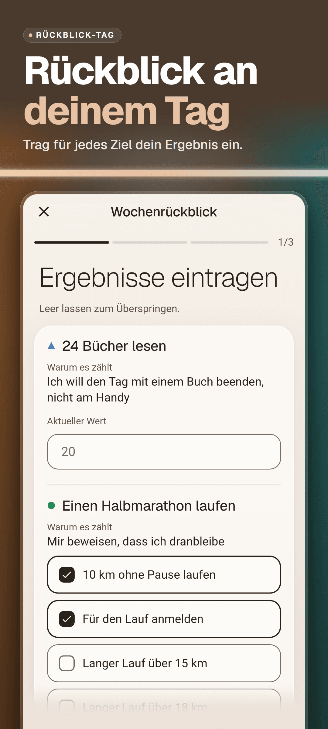 Wochenrückblick, Schritt 1 von 3: Ergebnisse eintragen, mit dem Grund, warum jedes Ziel wichtig ist, einem Feld für den aktuellen Wert und Zwischenzielen zum Abhaken