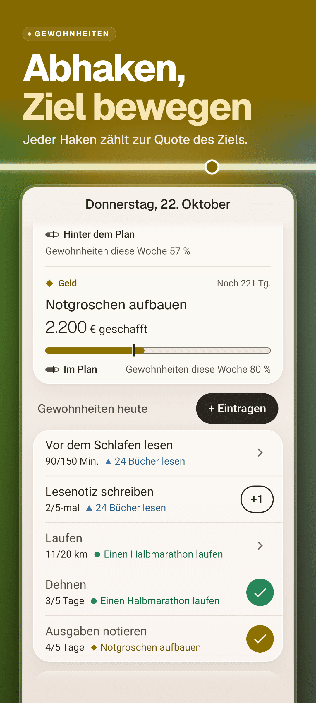 Die heutigen Gewohnheiten auf der Startseite: jede Gewohnheit mit ihrem Stand zum Wochenziel und dem verknüpften Ziel, darüber Zielkarten mit der Gewohnheitsquote dieser Woche