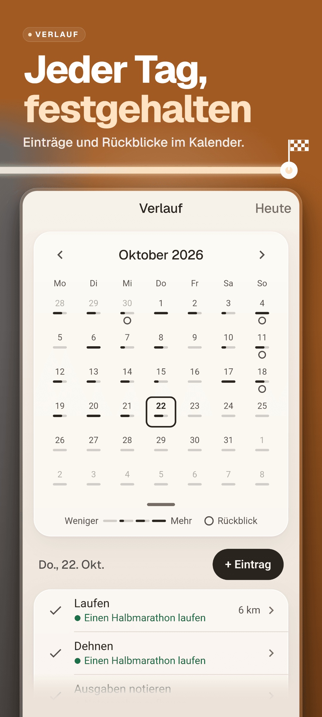 Der Kalender im Verlauf: wie viel an jedem Tag eingetragen wurde und Ringe an Rückblick-Tagen, darunter die Einträge des gewählten Tages