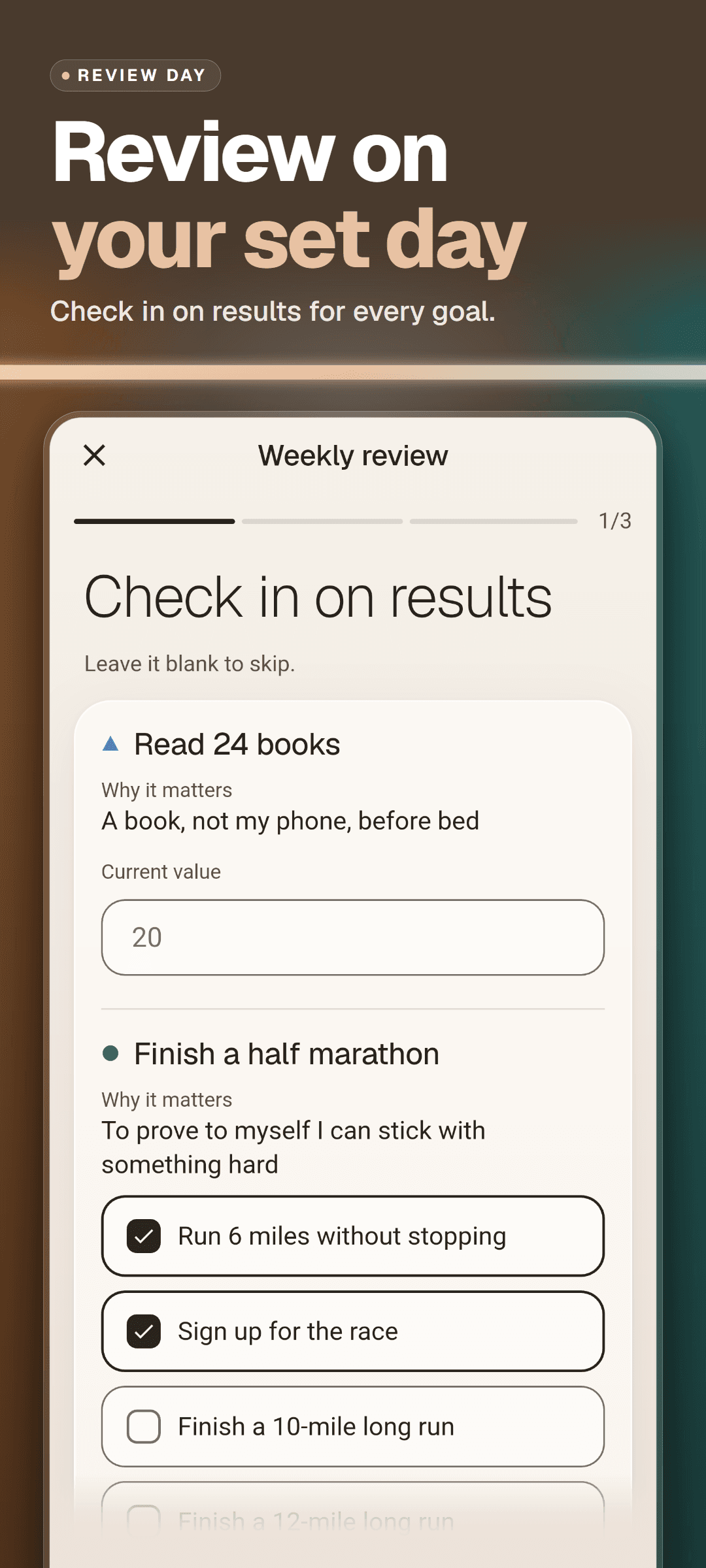 Weekly review, step 1 of 3: checking in on results, with why each goal matters, a current value field and checkpoints to tick