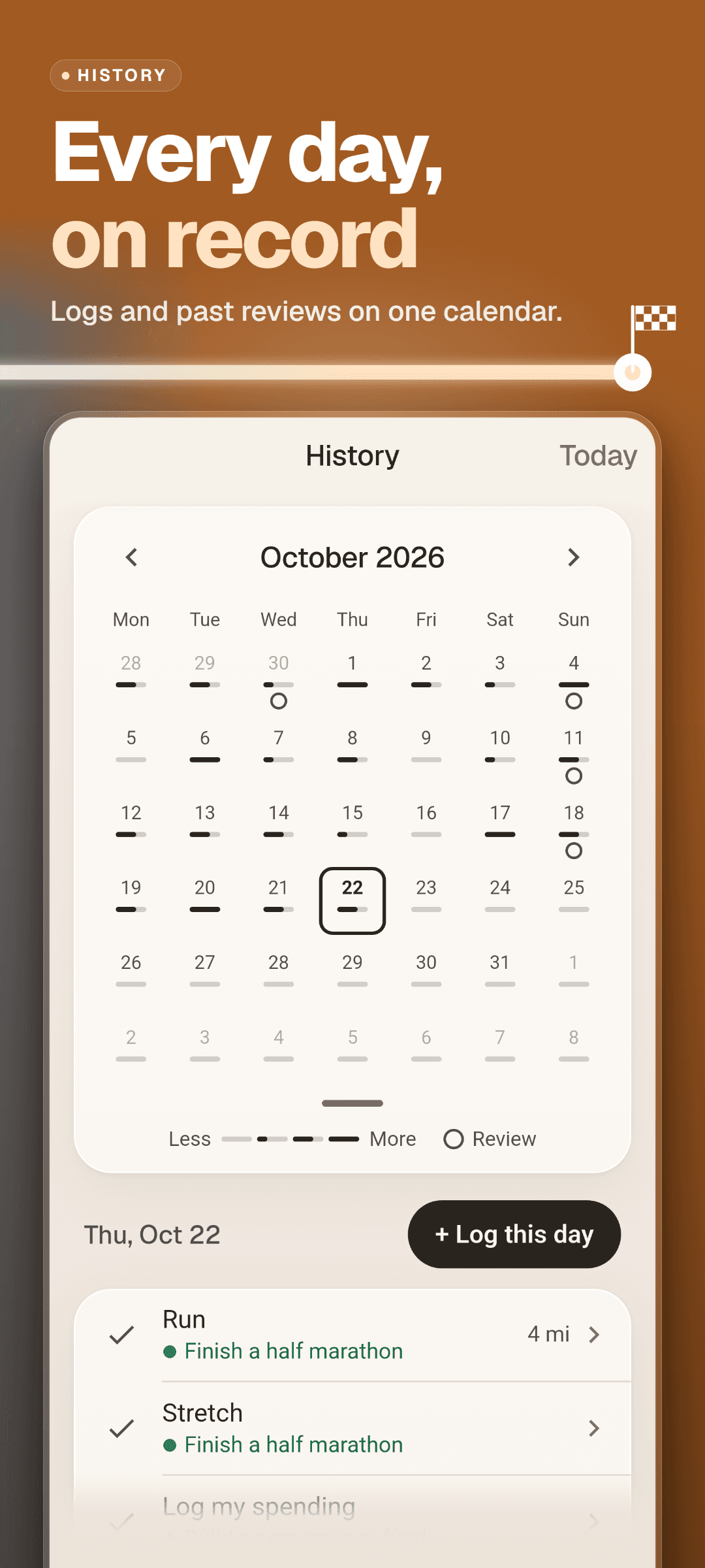 The History calendar: how much was logged each day and rings on review days, with the selected day's logs below