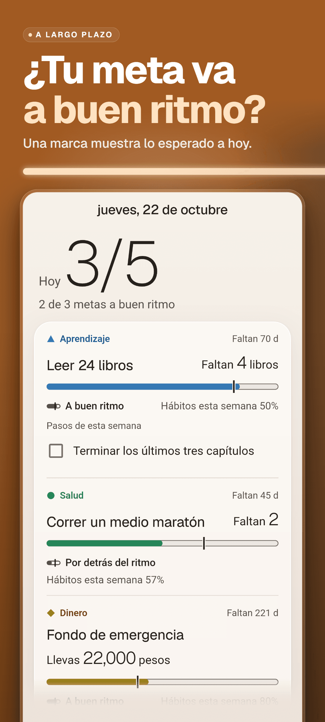 La pantalla de inicio: los hábitos hechos hoy, cuántas metas van a buen ritmo y tarjetas de meta con una barra de progreso, una marca con lo esperado a hoy, la etiqueta a buen ritmo o por detrás del ritmo, el porcentaje de hábitos de la semana y los pasos de esta semana