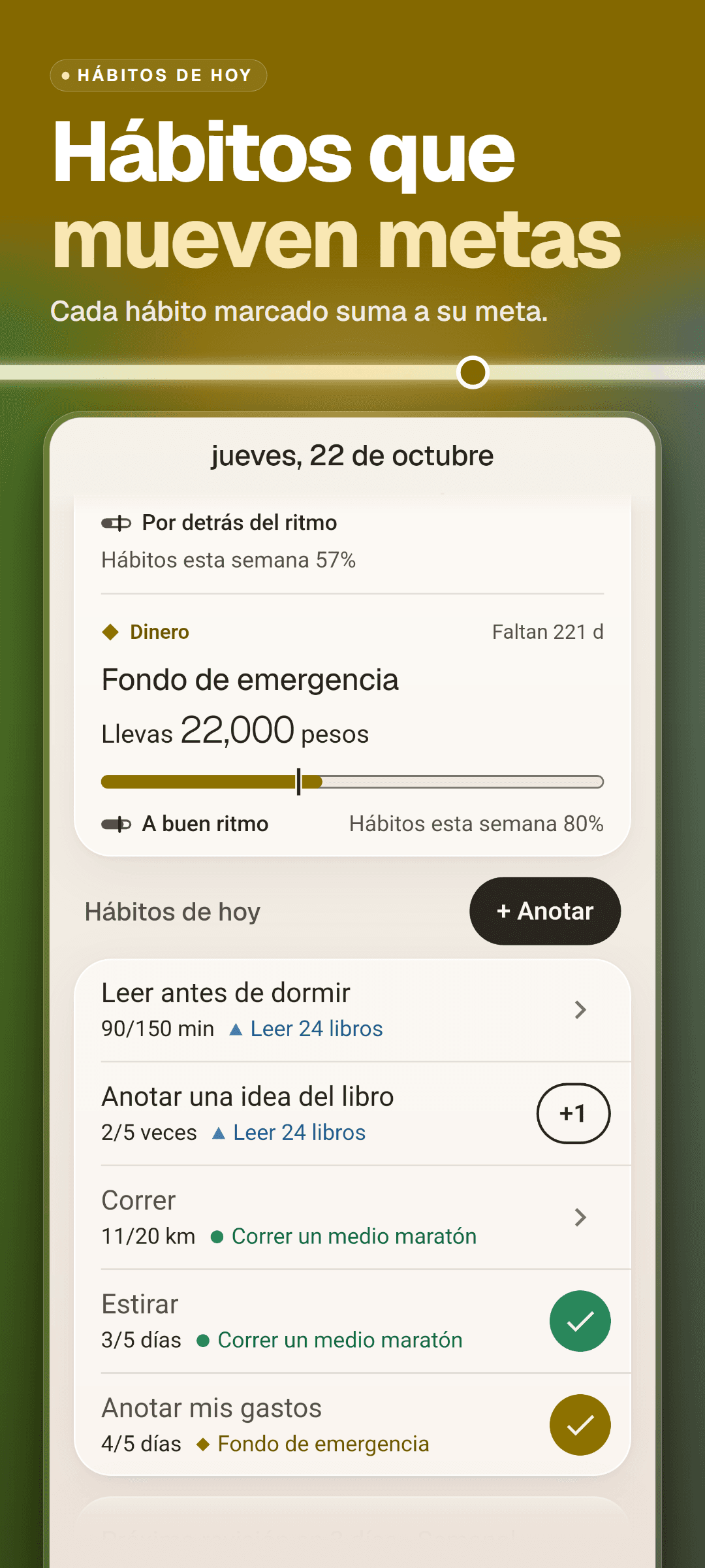 Los hábitos de hoy en la pantalla de inicio: cada hábito con su avance hacia la meta semanal y la meta a la que está vinculado, debajo de tarjetas de meta con el porcentaje de hábitos de la semana
