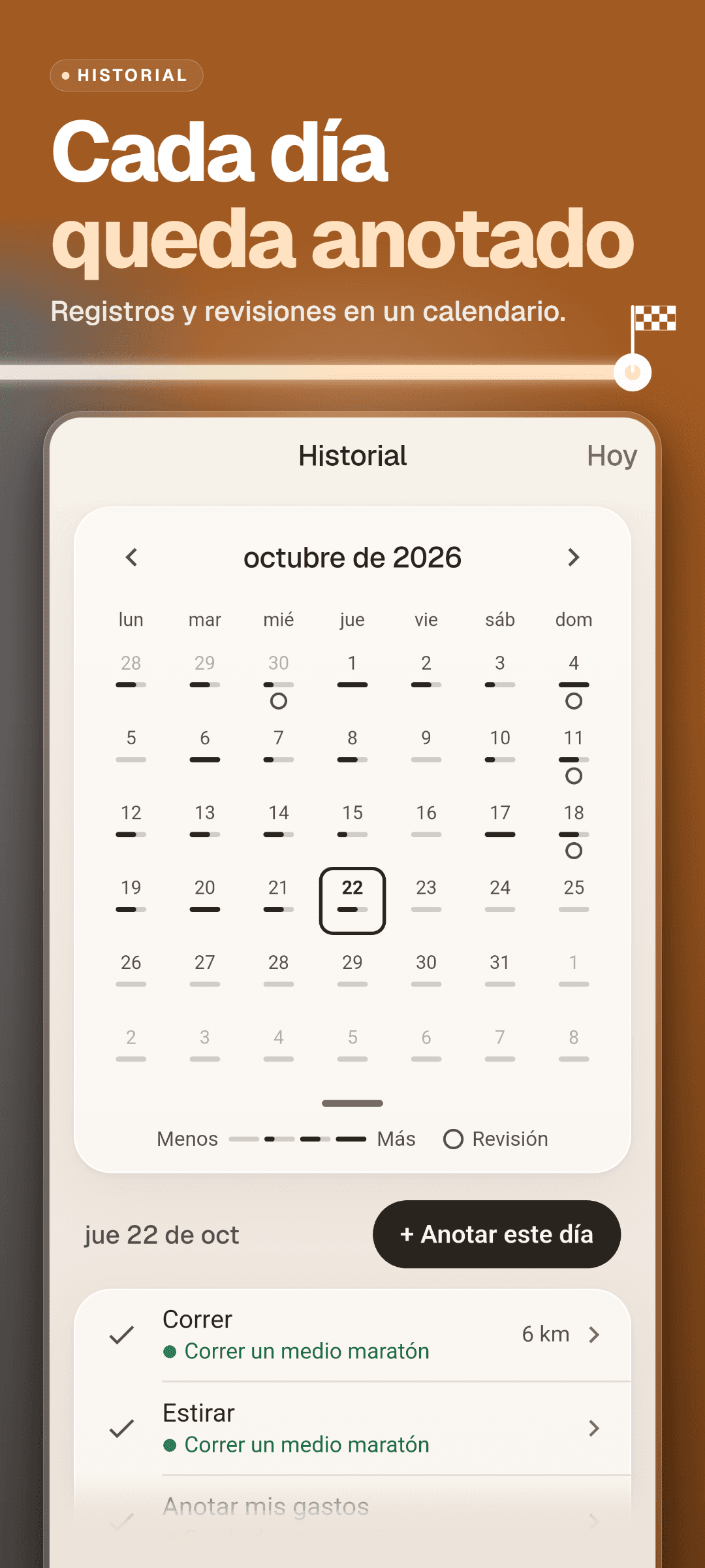 El calendario del historial: cuánto se anotó cada día y anillos en los días de revisión, con los registros del día elegido abajo
