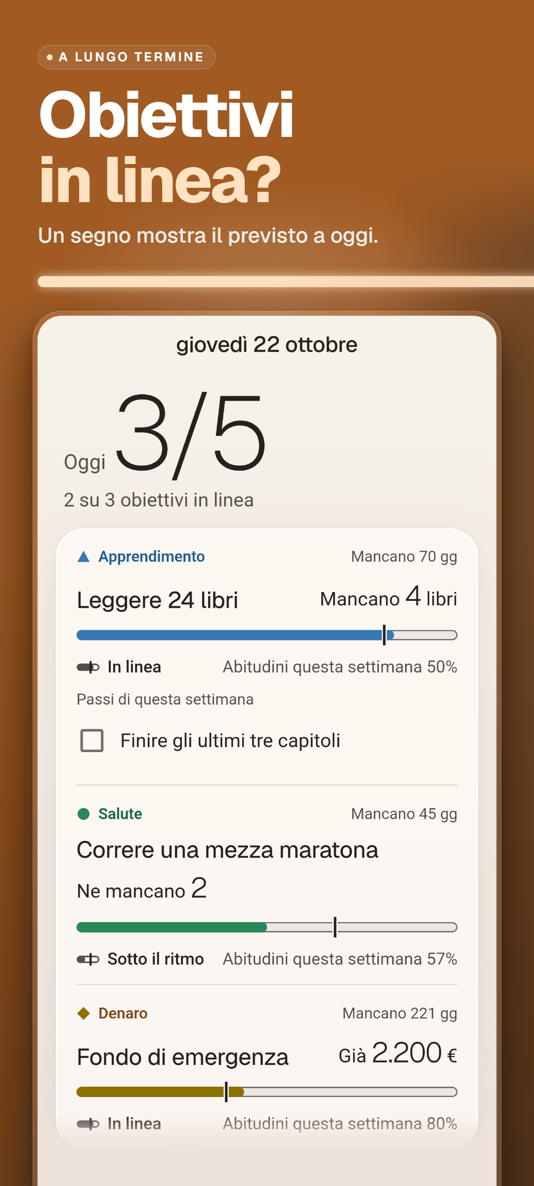 La Home: le abitudini fatte oggi, quanti obiettivi sono in linea e schede obiettivo con barra di avanzamento, un segno per dove dovresti essere oggi, l'indicazione in linea o sotto il ritmo, il tasso di abitudini della settimana e i passi di questa settimana