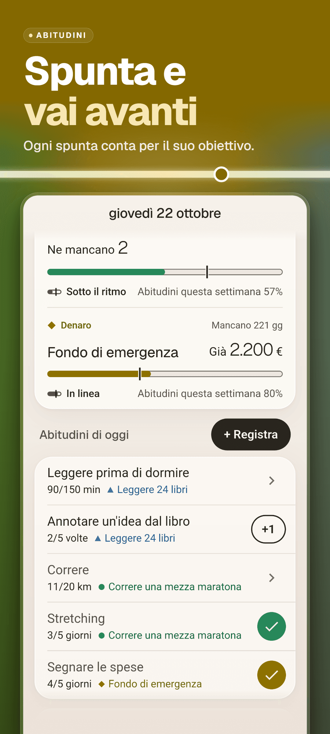 Le abitudini di oggi nella Home: ogni abitudine con il suo avanzamento verso l'obiettivo settimanale e l'obiettivo a cui è collegata, sotto le schede obiettivo con il tasso di abitudini della settimana