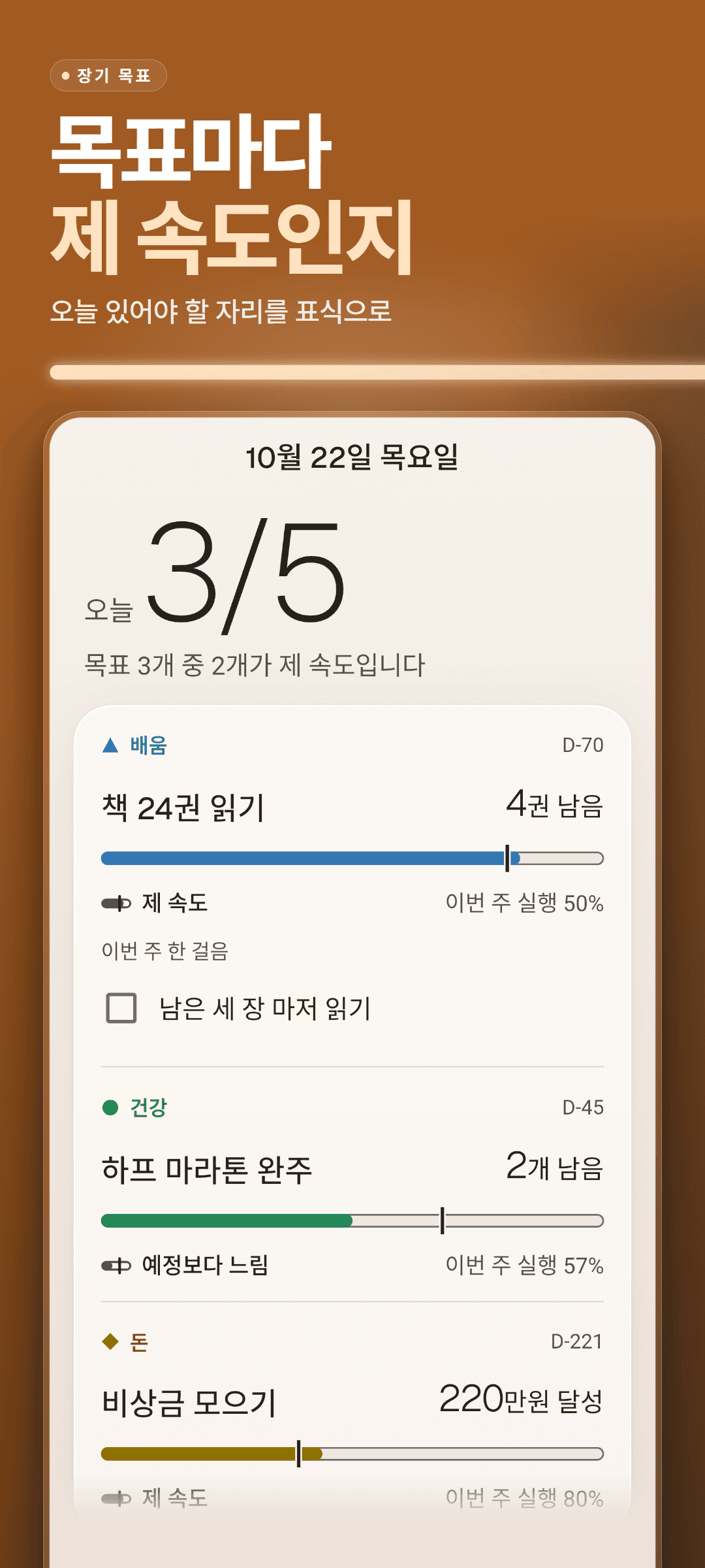 홈 화면: 오늘 체크한 습관 수, 제 속도인 목표 수, 그리고 진행 막대와 오늘 있어야 할 자리 표식, 제 속도·예정보다 느림 표시, 이번 주 실행률, 이번 주 한 걸음이 담긴 목표 카드
