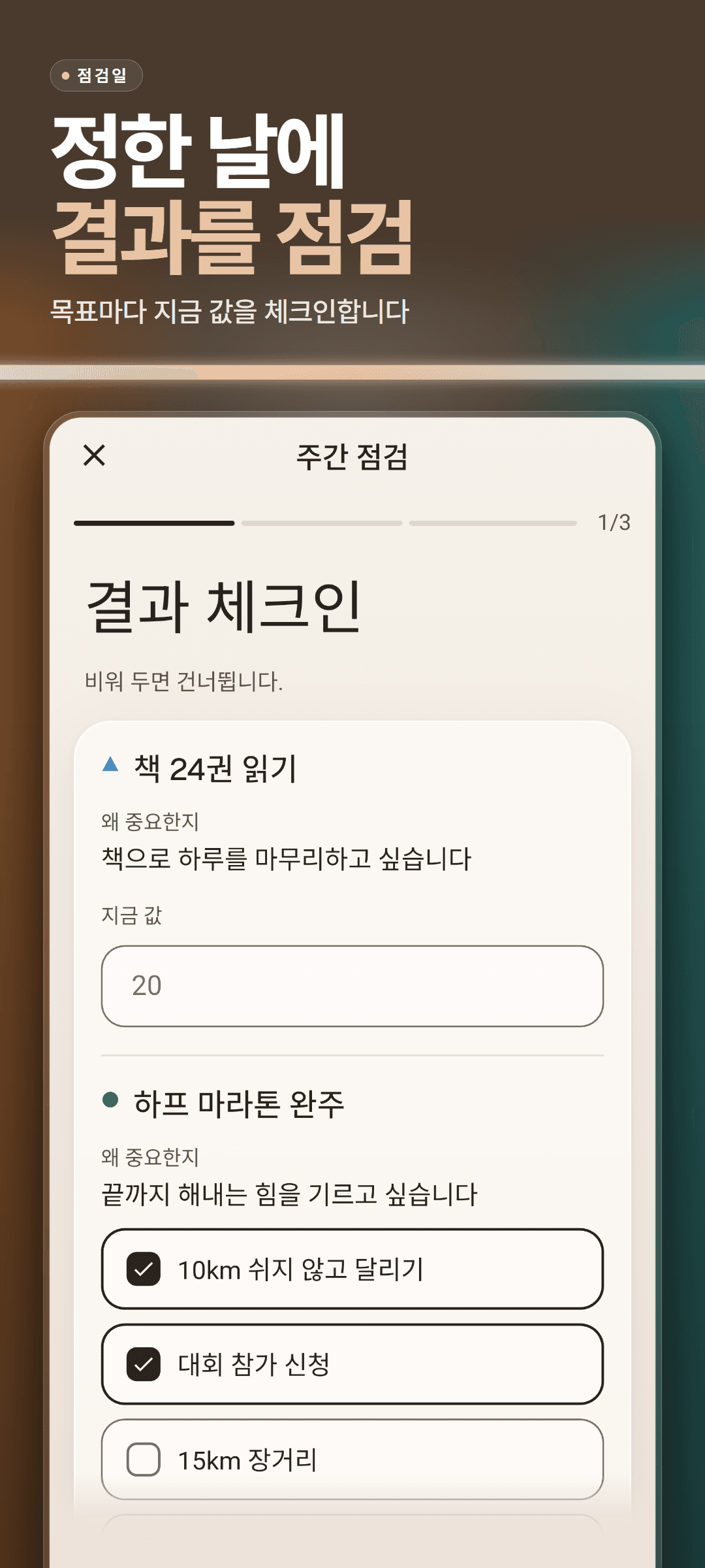 주간 점검 1/3 결과 체크인: 목표마다 왜 중요한지 한 줄, 지금 값 입력칸, 체크할 체크포인트