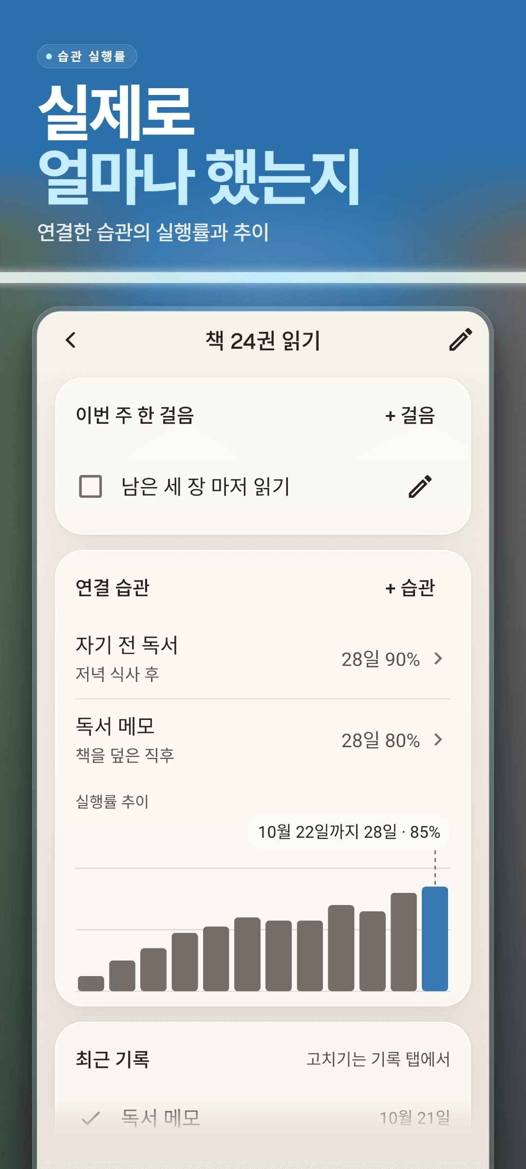 목표의 연결 습관: 습관마다 신호와 실행률, 이번 주 한 걸음, 실행률 추이 막대그래프