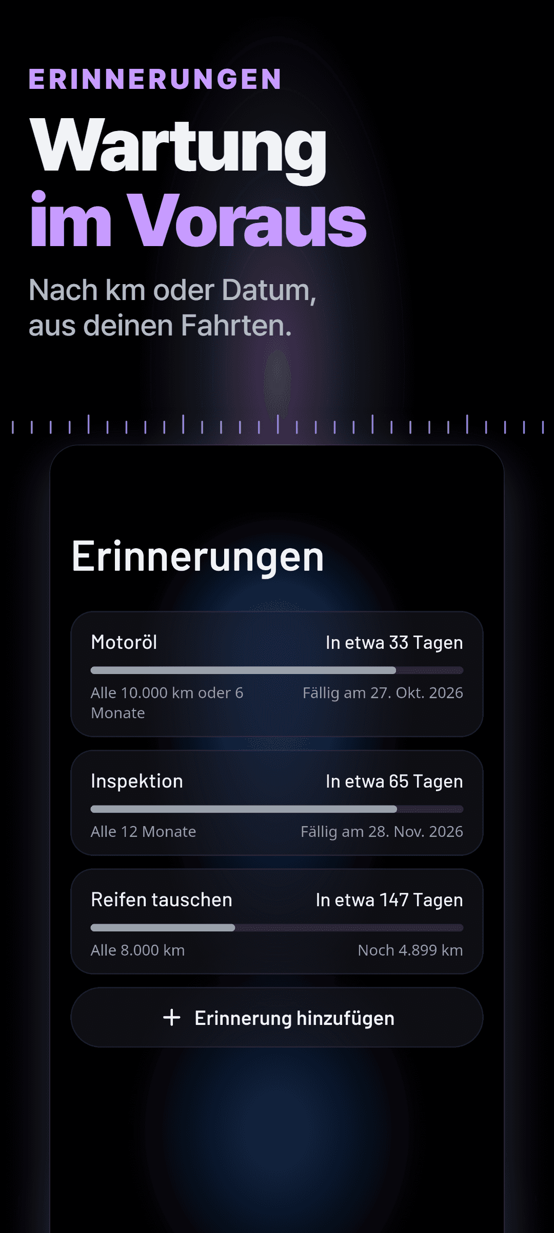 Erinnerungen für Ölwechsel, Hauptuntersuchung und Reifenwechsel, nach Kilometern, Datum oder beidem, jeweils mit der vorhergesagten Zeit bis zur Fälligkeit