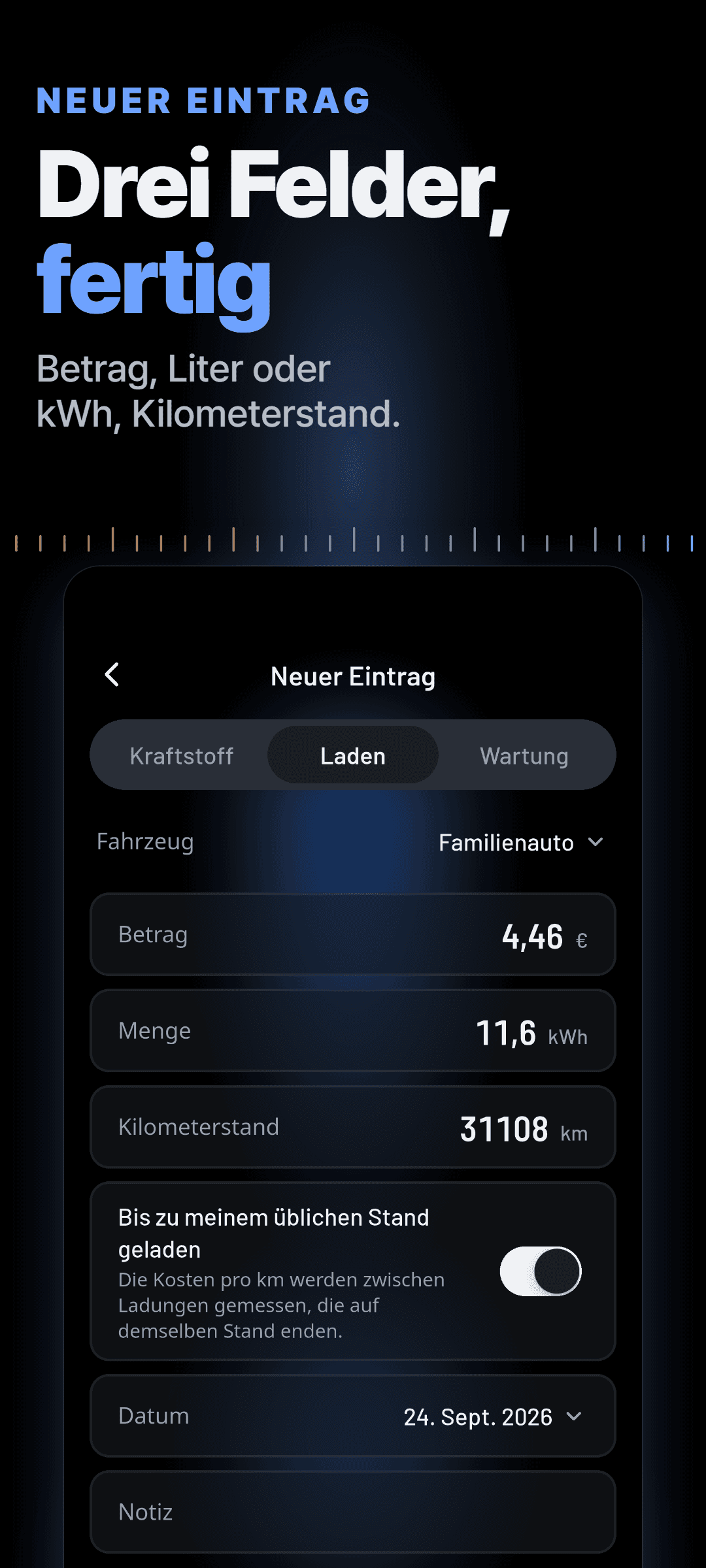 Ein neuer Ladeeintrag mit Betrag, kWh und Kilometerstand und der Option, ihn als Ladung bis zum üblichen Stand zu markieren