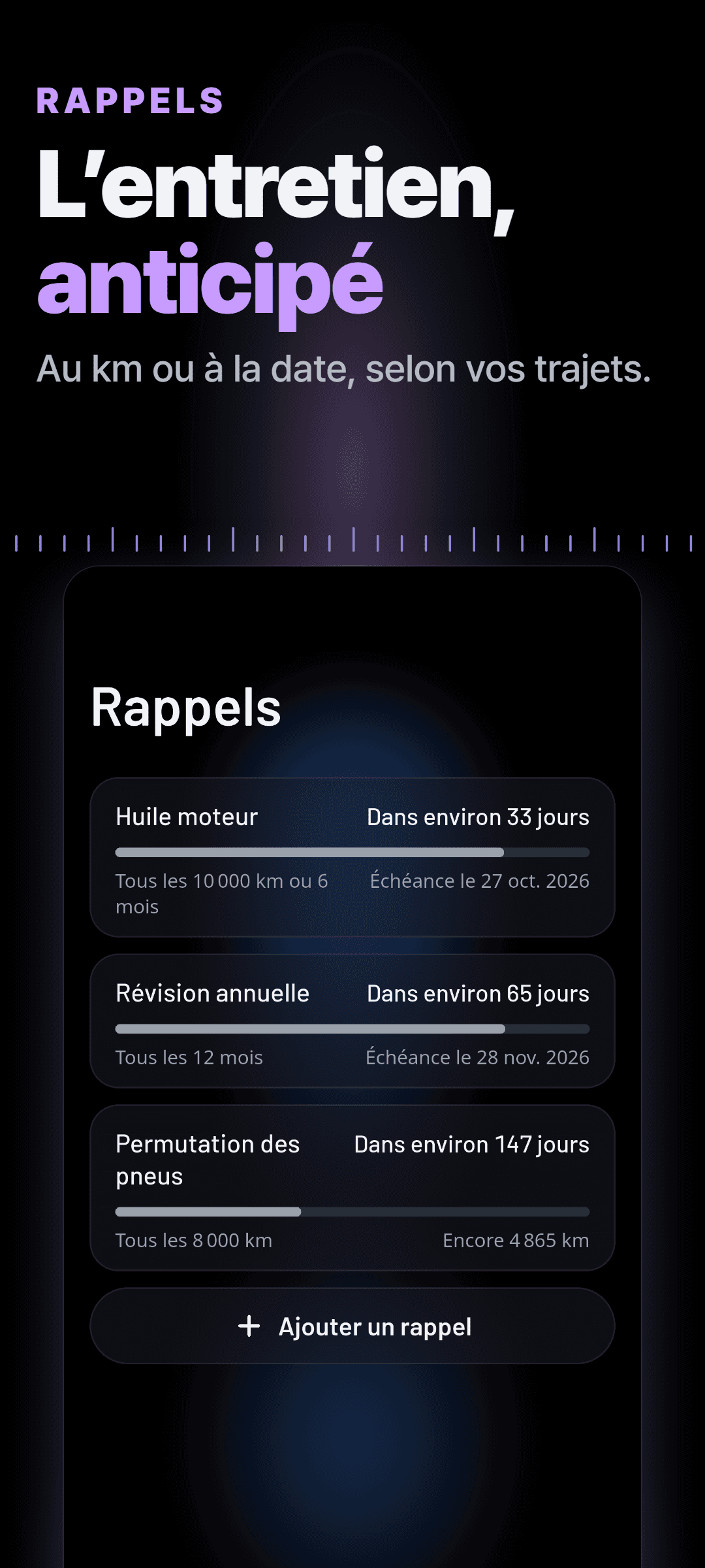Rappels pour la vidange, le contrôle technique et la permutation des pneus, au kilomètre, à la date ou les deux, chacun avec le délai prévu avant l’échéance