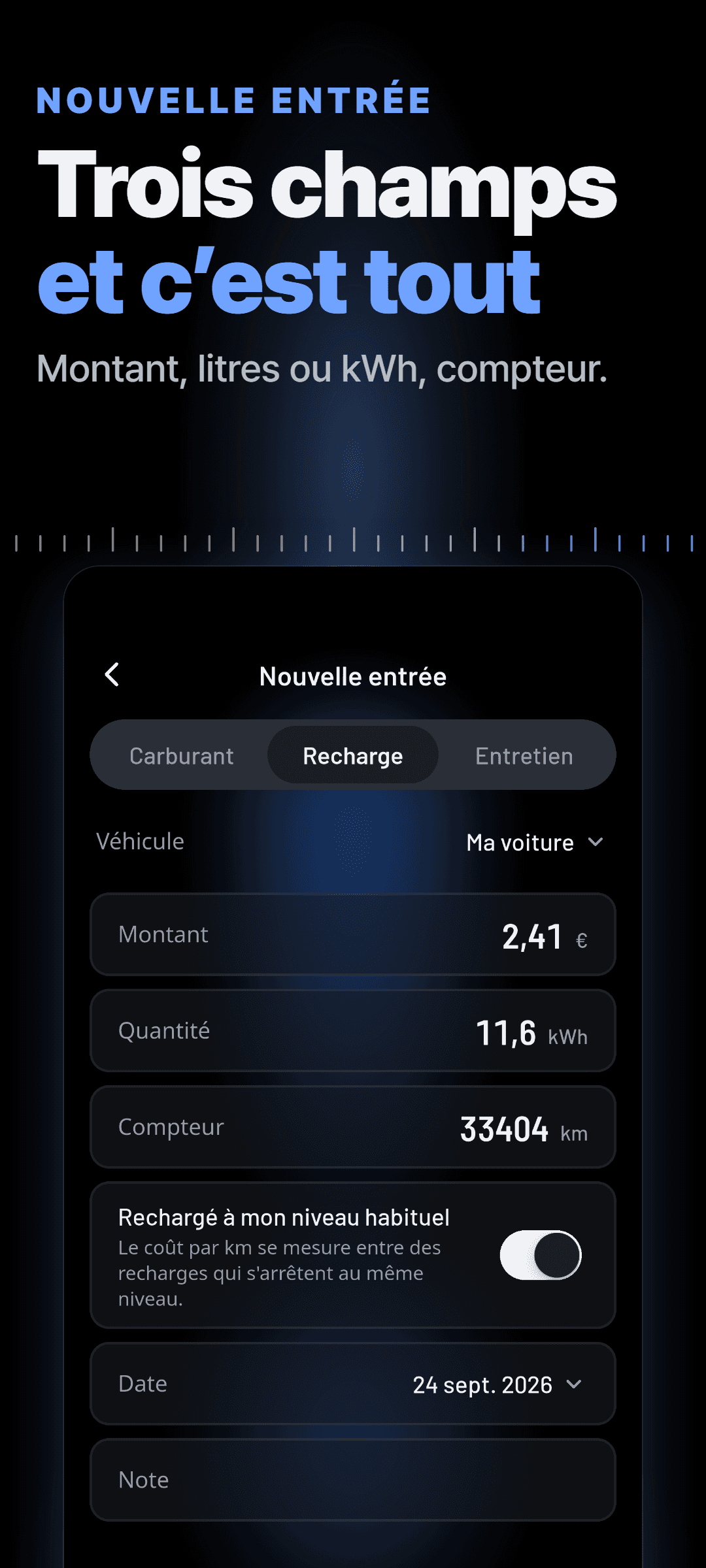 Une nouvelle entrée de recharge avec le montant, les kWh et le compteur, et l’option pour indiquer une recharge jusqu’au niveau habituel