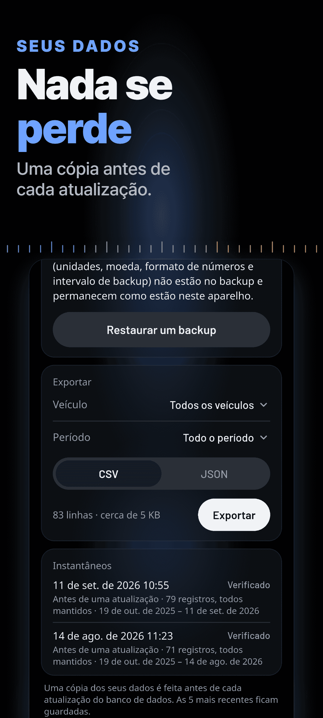 Seus dados: restaurar de um backup, exportar CSV ou JSON por veículo e período, e instantâneos verificados tirados antes de cada atualização