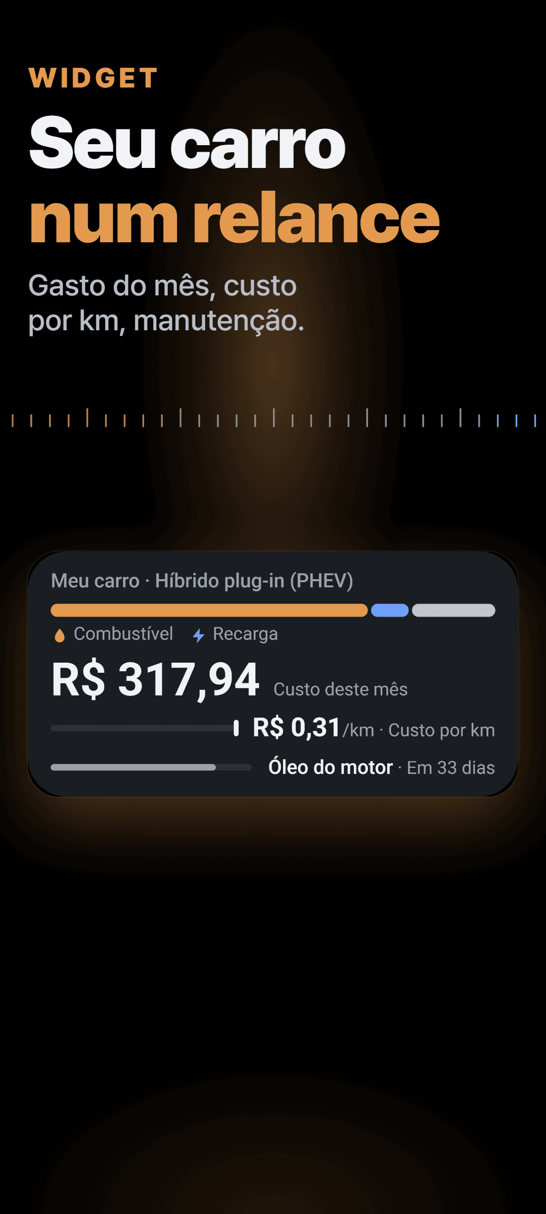 O widget da tela inicial de um híbrido plug-in: o gasto do mês dividido entre abastecimento e recarga, o custo por quilômetro e a próxima manutenção