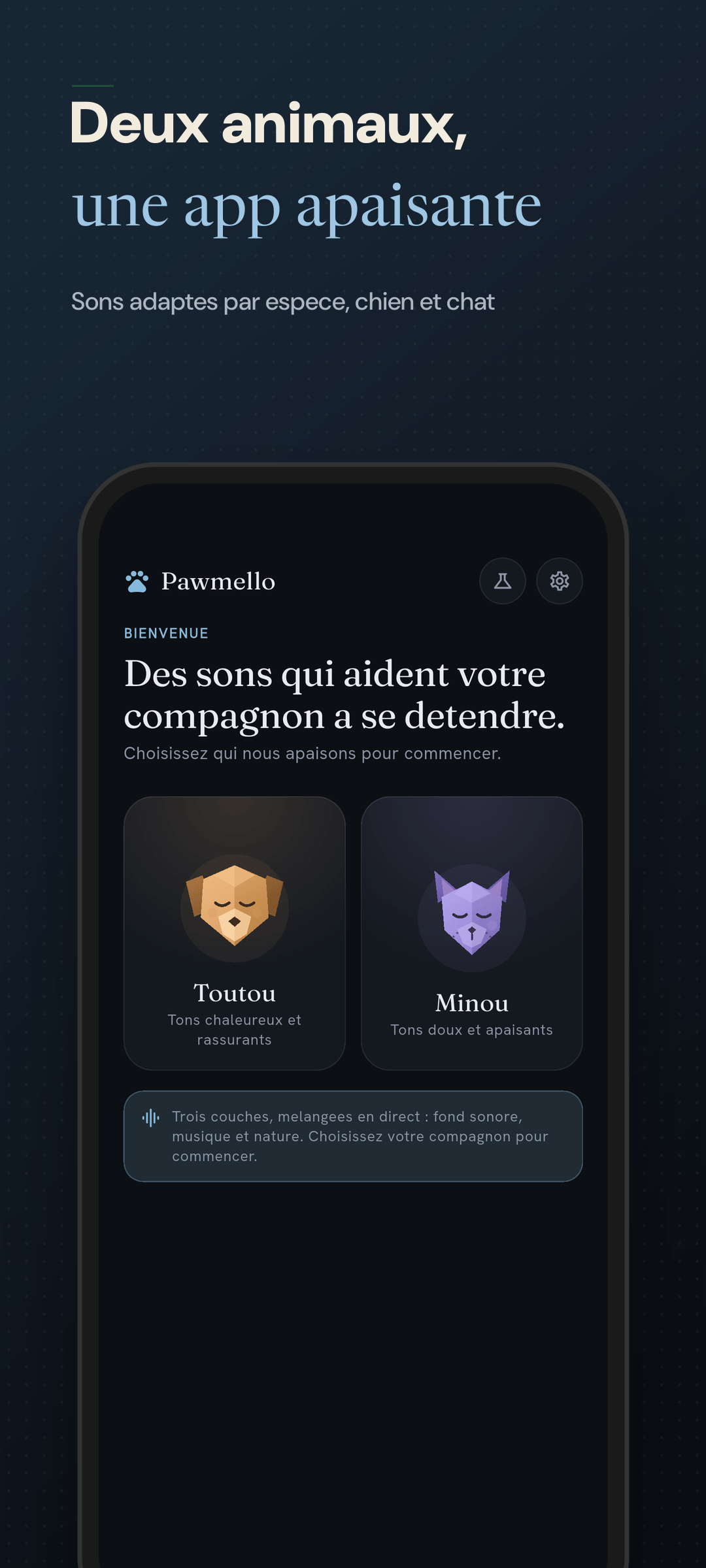 Ecran d'accueil avec choix chien et chat