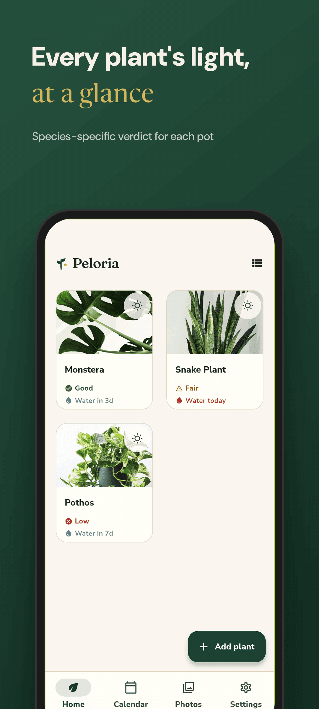 Home screen with plant cards showing each plant's light status