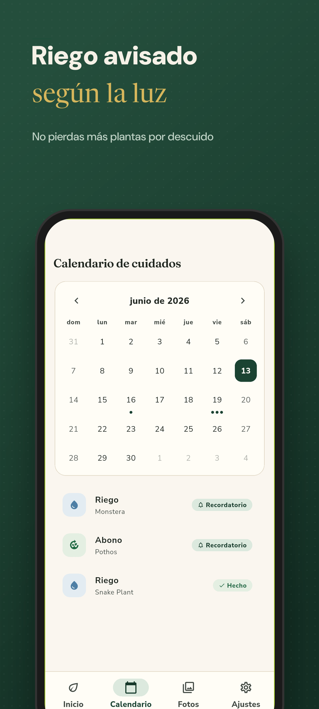 Calendario de cuidado con recordatorios de riego