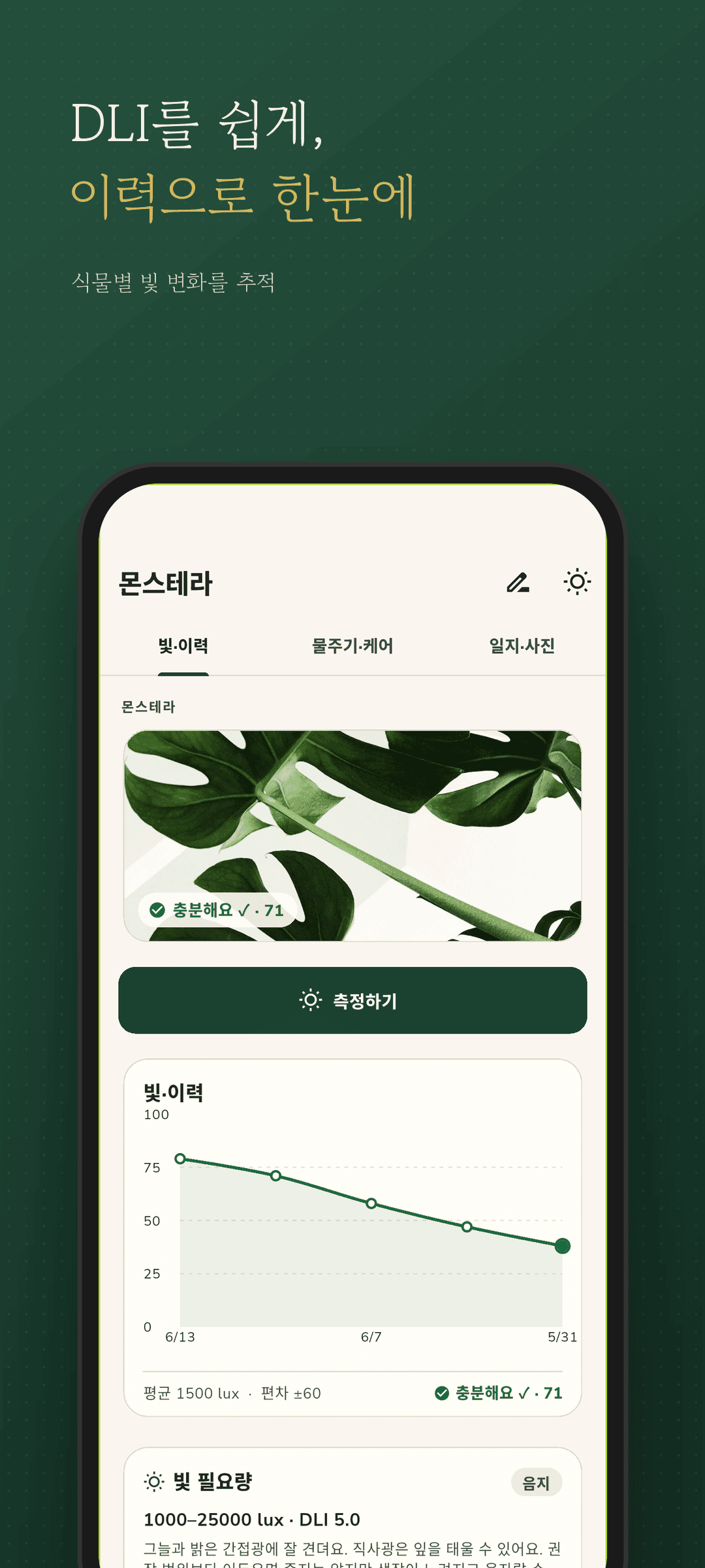 식물의 빛 이력 그래프와 DLI 카드