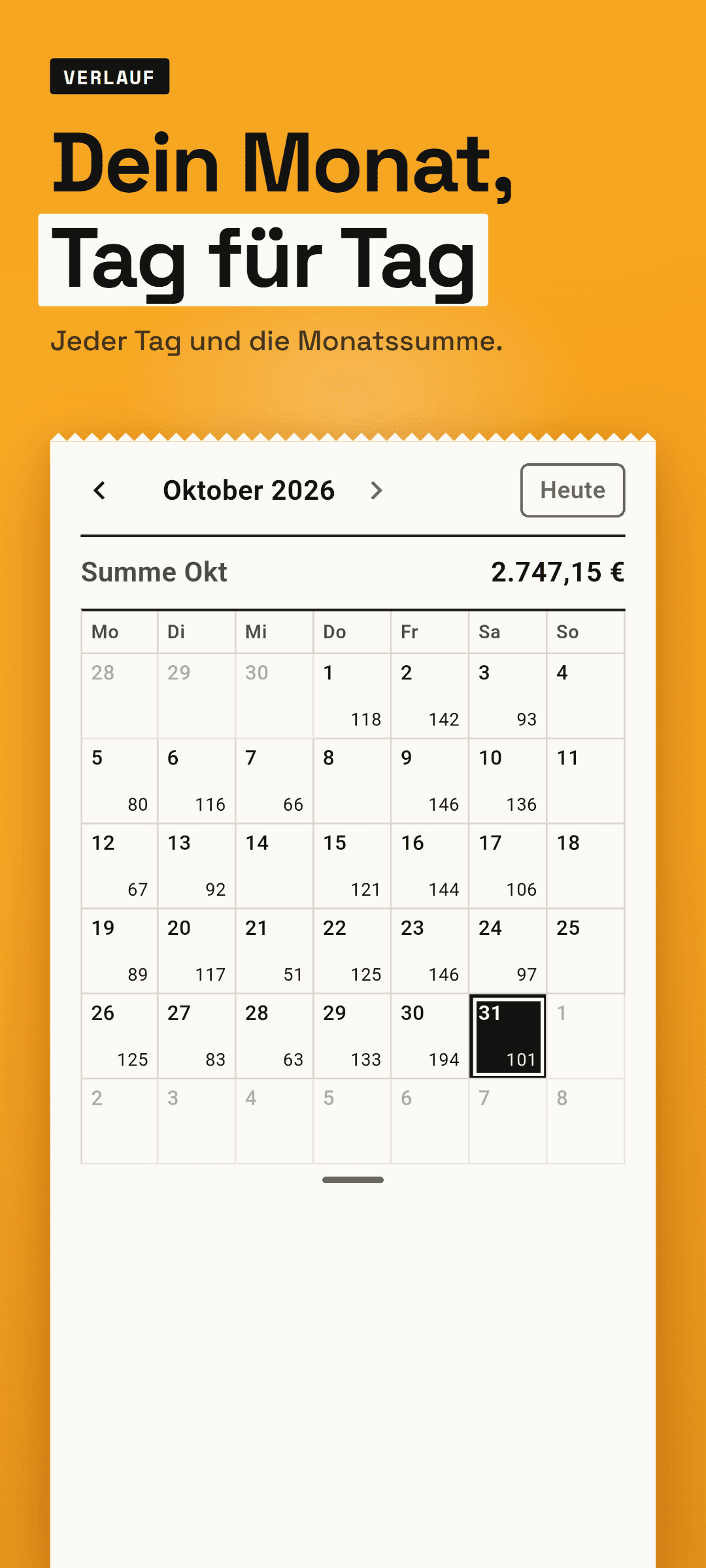 Der Verlaufskalender eines Monats: der Verdienst jedes Tages und die Monatssumme