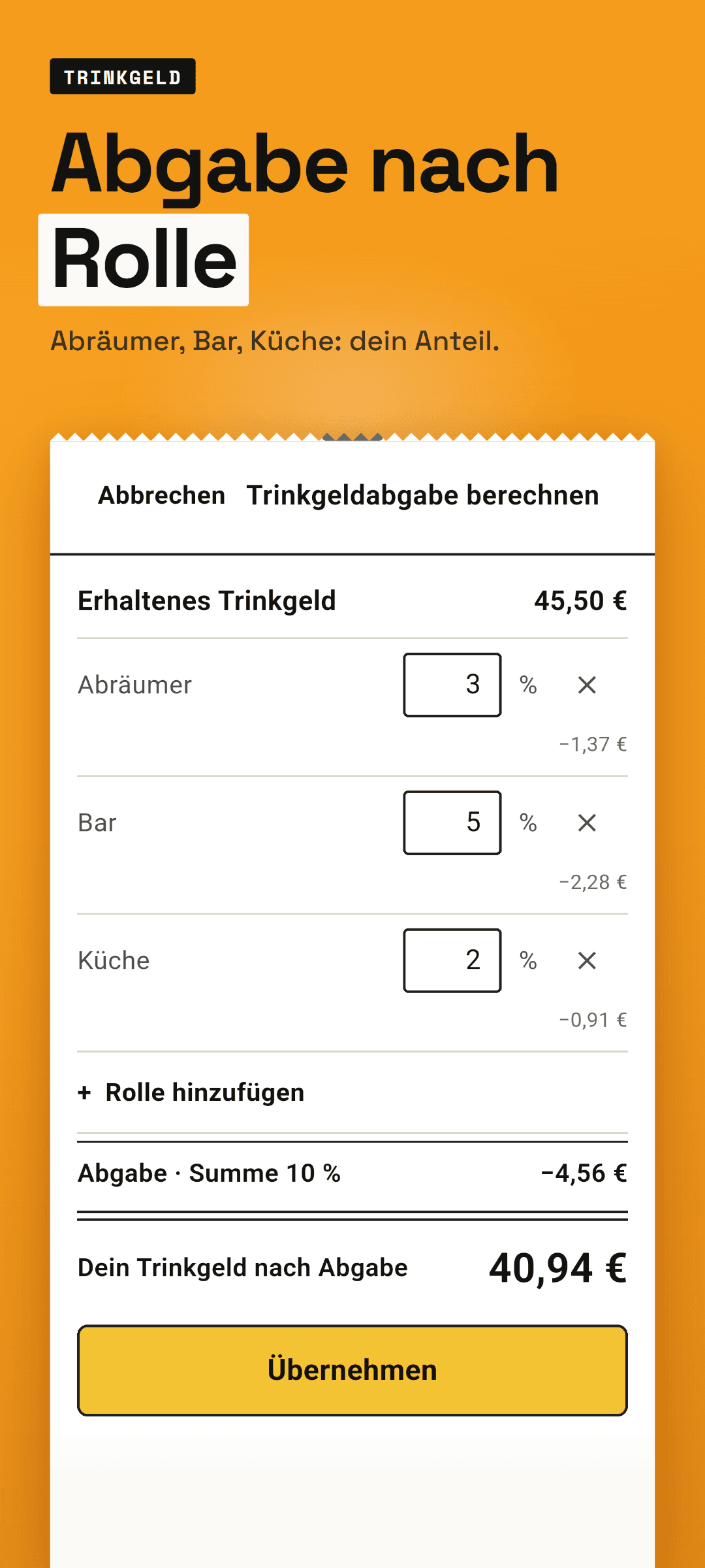 Die Trinkgeldabgabe: Rollen wie Abräumer und Bar mit ihrem Prozentsatz und dein Trinkgeld nach Abgabe