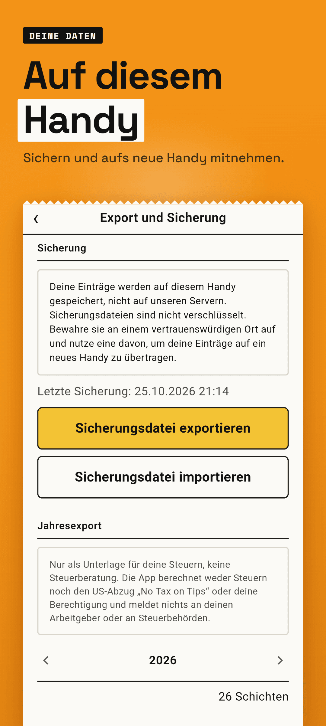 Export und Sicherung: Zeitpunkt der letzten Sicherung, Schaltflächen zum Exportieren und Importieren der Sicherungsdatei und der Hinweis, dass die Einträge auf diesem Handy gespeichert werden, nicht auf unseren Servern