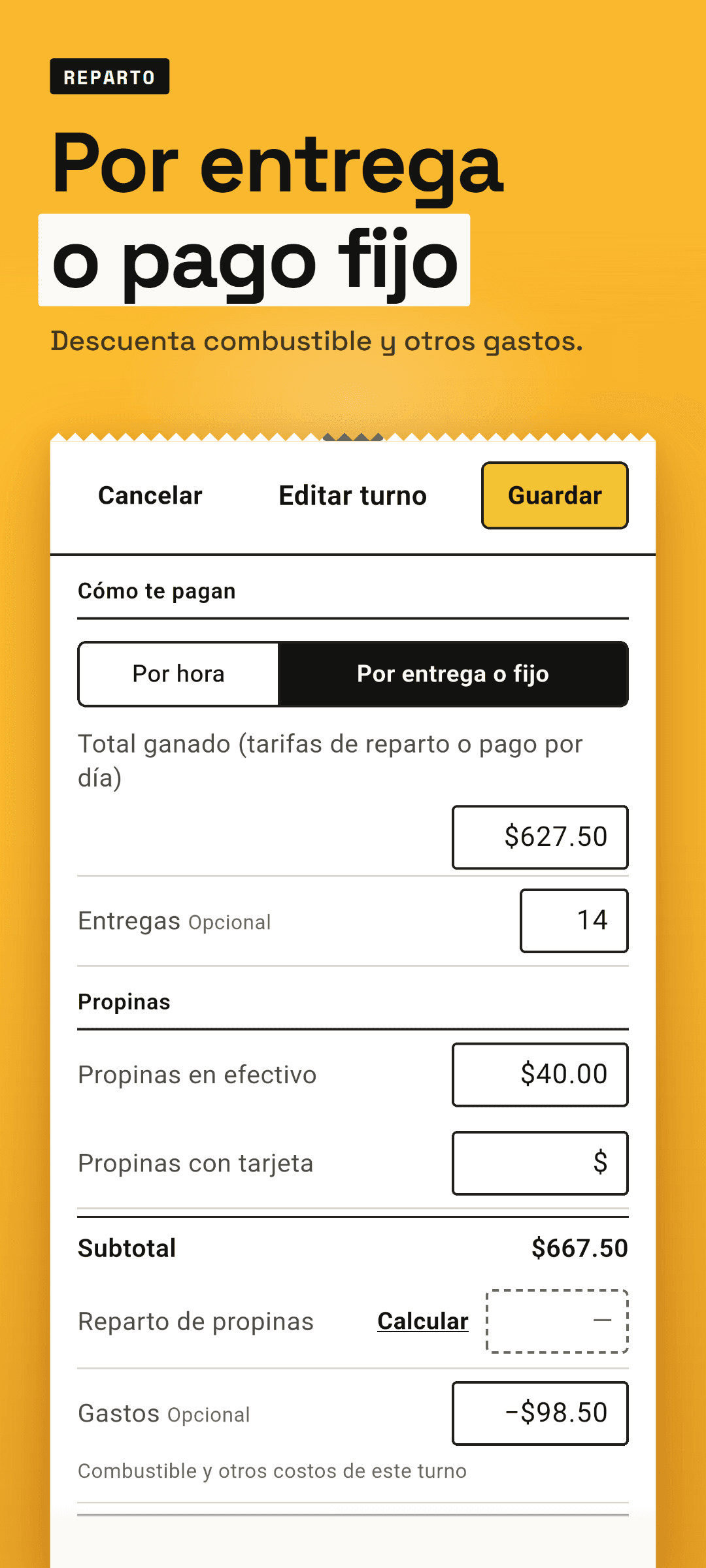 La hoja de turno con pago por entrega o fijo: total ganado, número de entregas y gastos ya llenos
