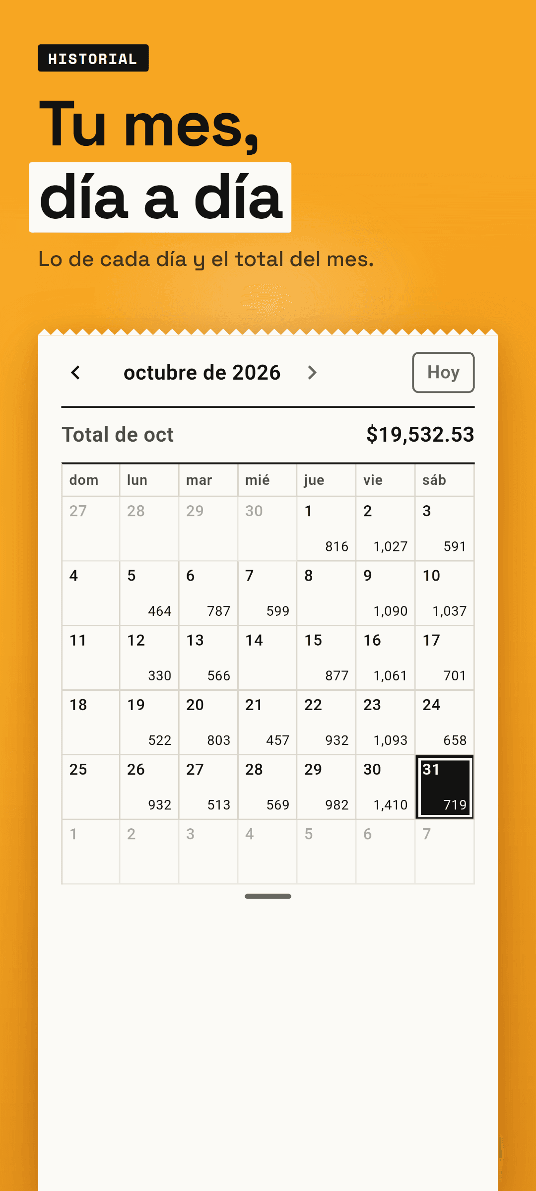 El calendario del historial de un mes: lo ganado cada día y el total del mes