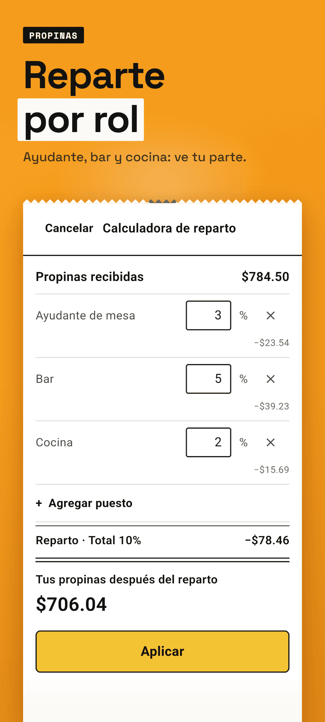 La calculadora de reparto: roles como ayudante de mesa y bar con su porcentaje, y tus propinas después del reparto
