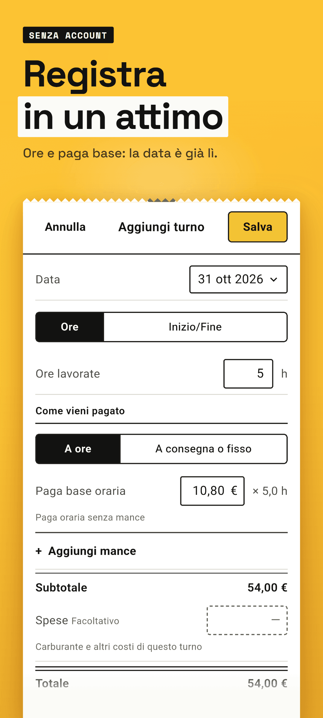 La scheda del turno con paga a ore: data di oggi, ore, paga base oraria e tipo di turno compilati