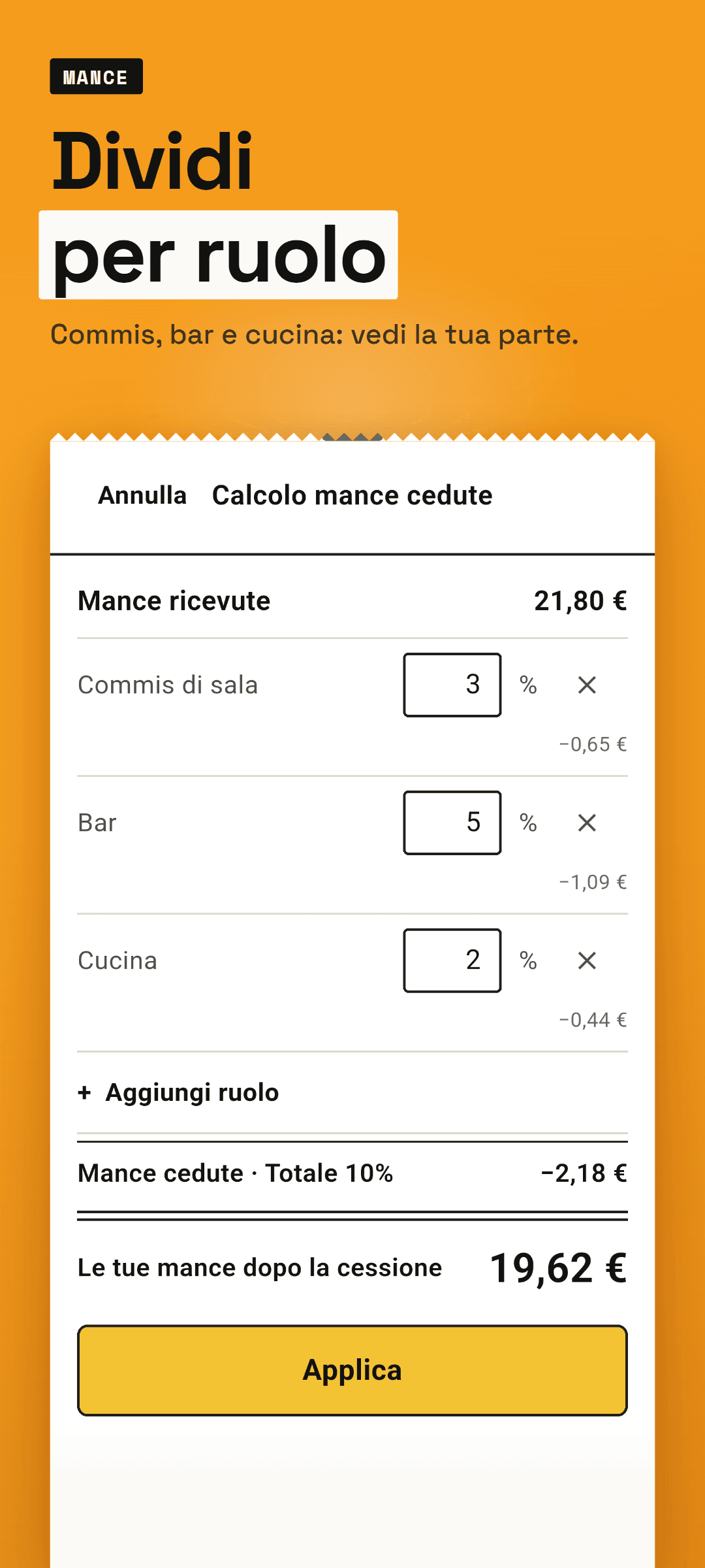 Il calcolo delle mance cedute: ruoli come commis di sala e bar con la loro percentuale, e le tue mance dopo la cessione