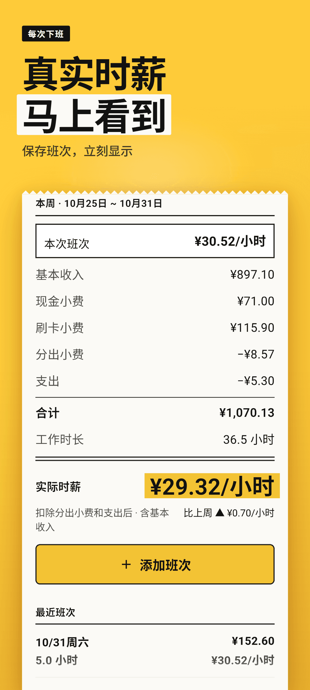 刚保存班次后的首页：突出显示本次班次实际时薪的卡片，本周实际时薪及合计、工时、与上周的差别，以及最近班次