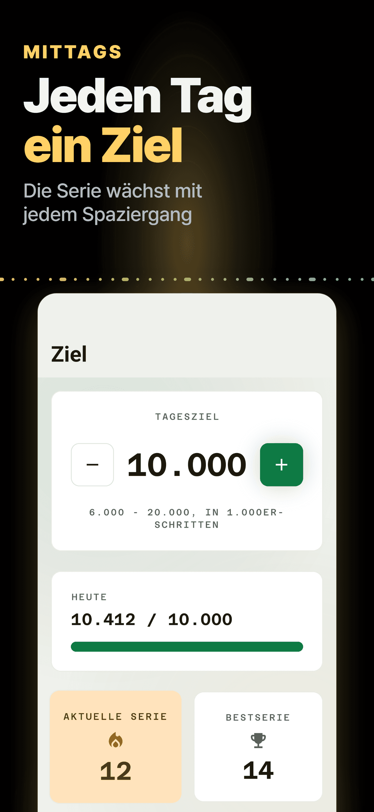 Zielbildschirm im hellen Design mit Tagesziel und Serie