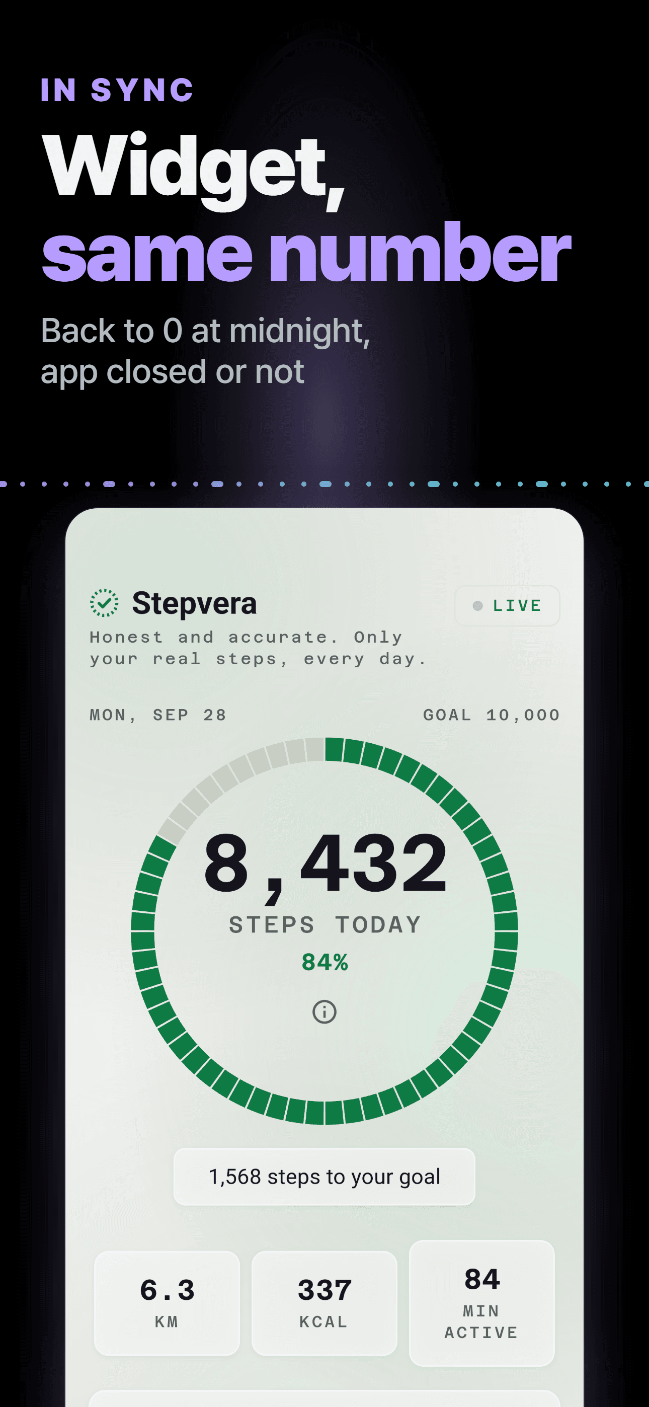 Light-theme home screen with the step ring, easy to read in daylight