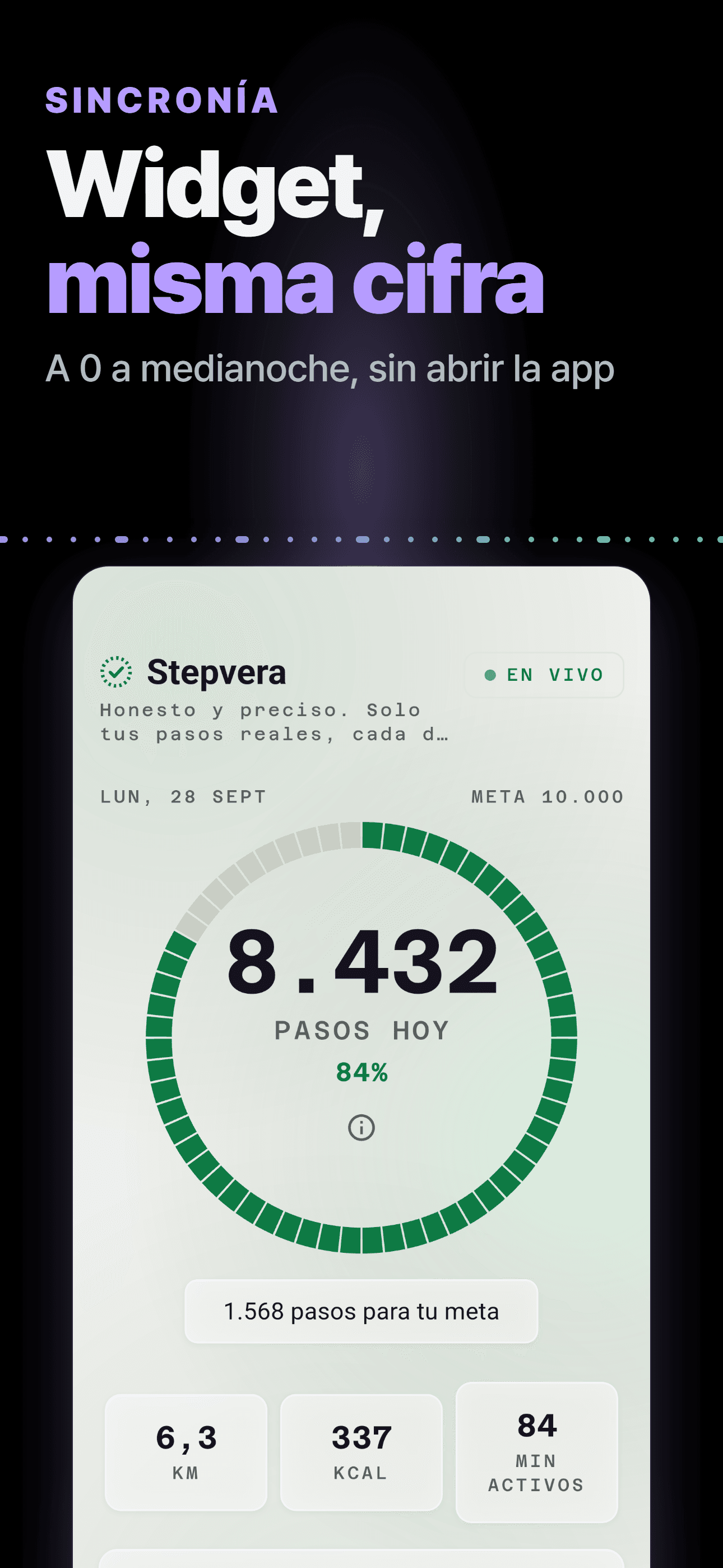 Pantalla principal en tema claro con el anillo de pasos, legible a plena luz