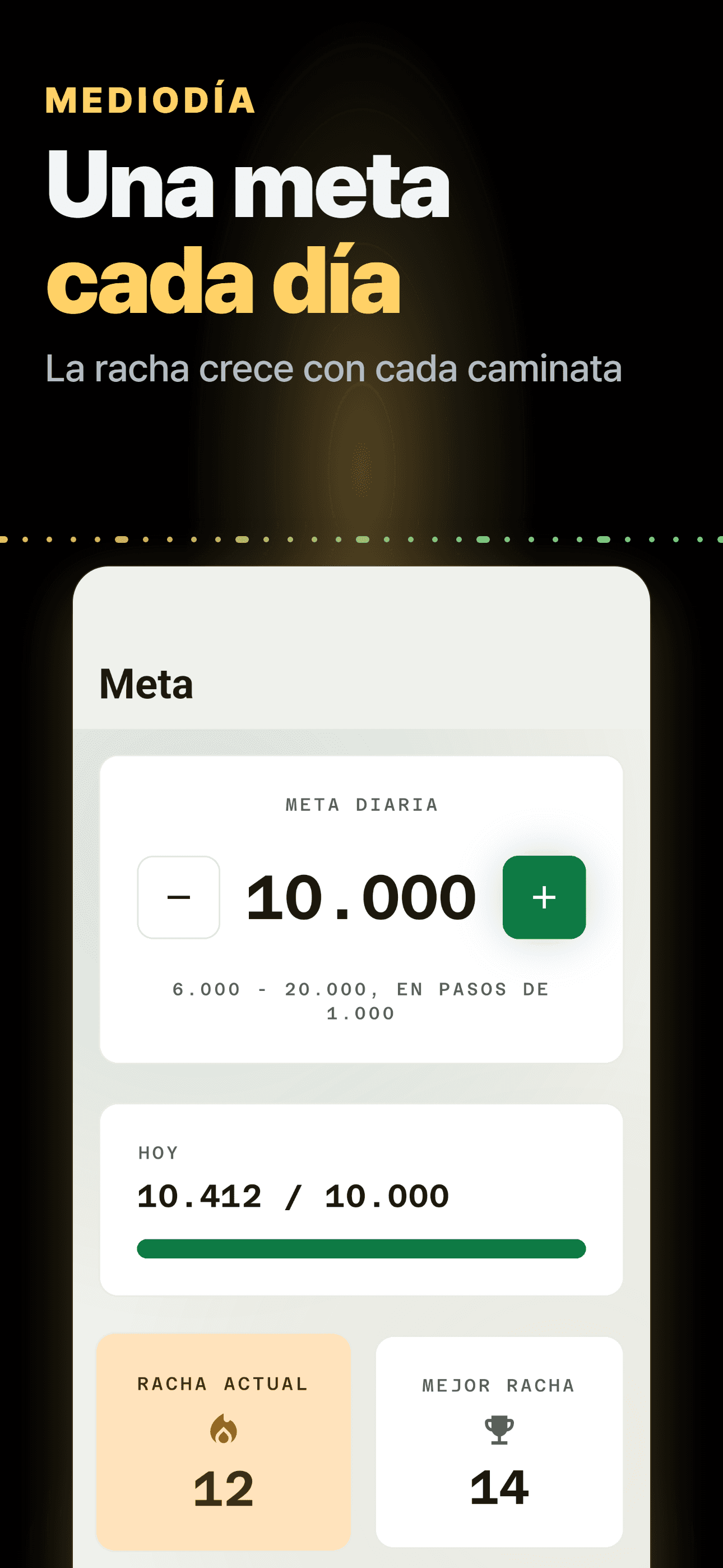 Pantalla de meta en tema claro con la meta diaria y la racha