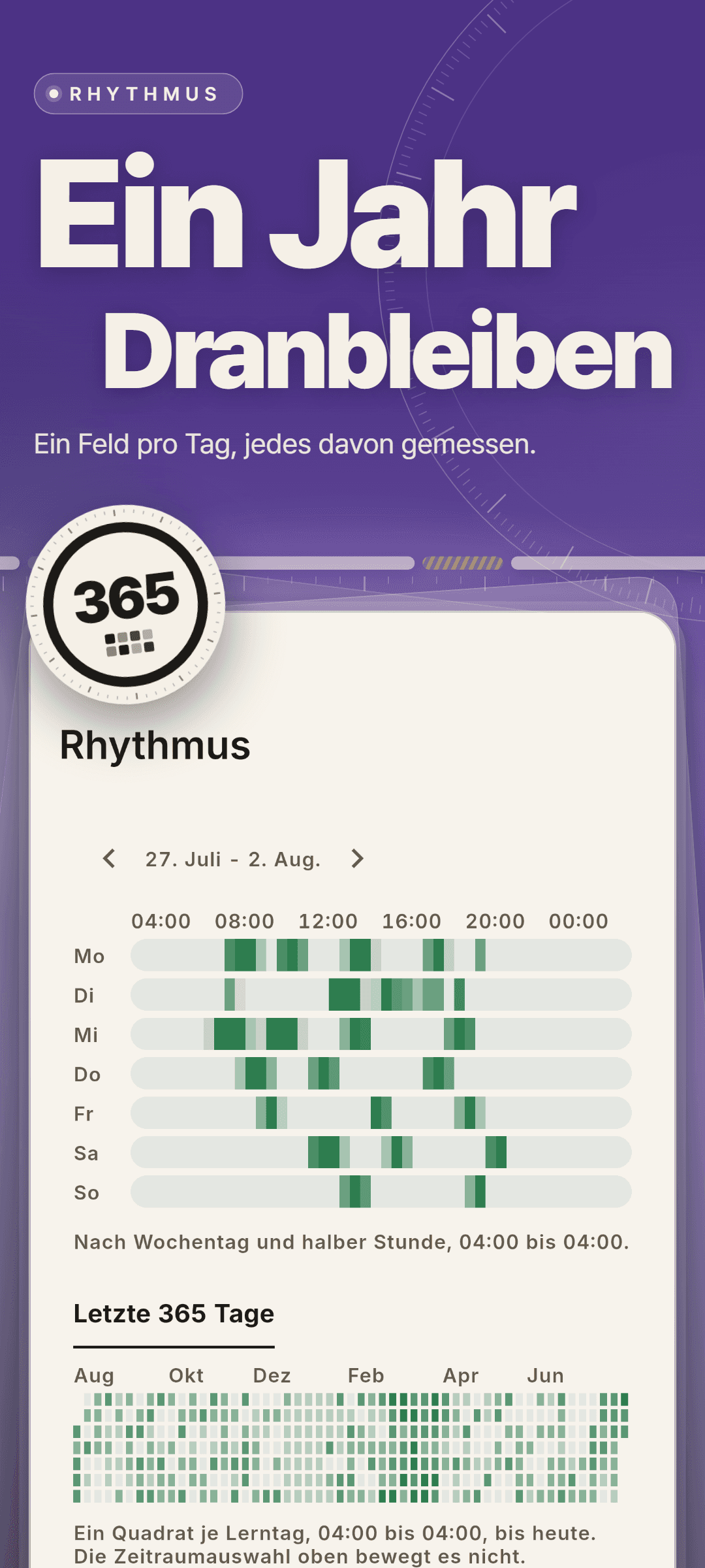 Rhythmus: eine Heatmap nach Wochentag und halber Stunde für eine Woche und ein Raster der letzten 365 Tage mit einem Feld pro Lerntag
