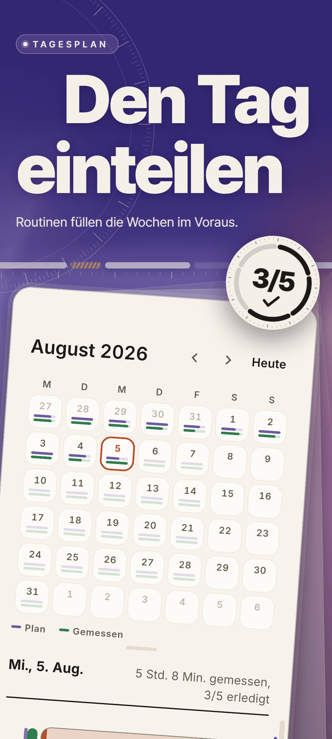 Der Kalender für August 2026 mit einer Plan- und einer Messlinie unter jedem Tag, ausgewählt ist der 5. August: 5 Std. 8 Min. gemessen, 3 von 5 erledigt