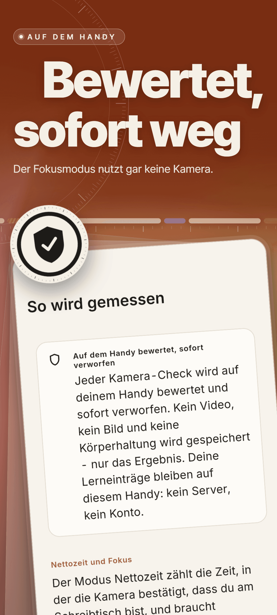 So wird gemessen: eine Karte, die erklärt, dass jeder Kamera-Check auf dem Handy bewertet und sofort verworfen wird, ohne Video, Bild oder Körperhaltung zu speichern, darunter der Unterschied zwischen Nettozeit und Fokus