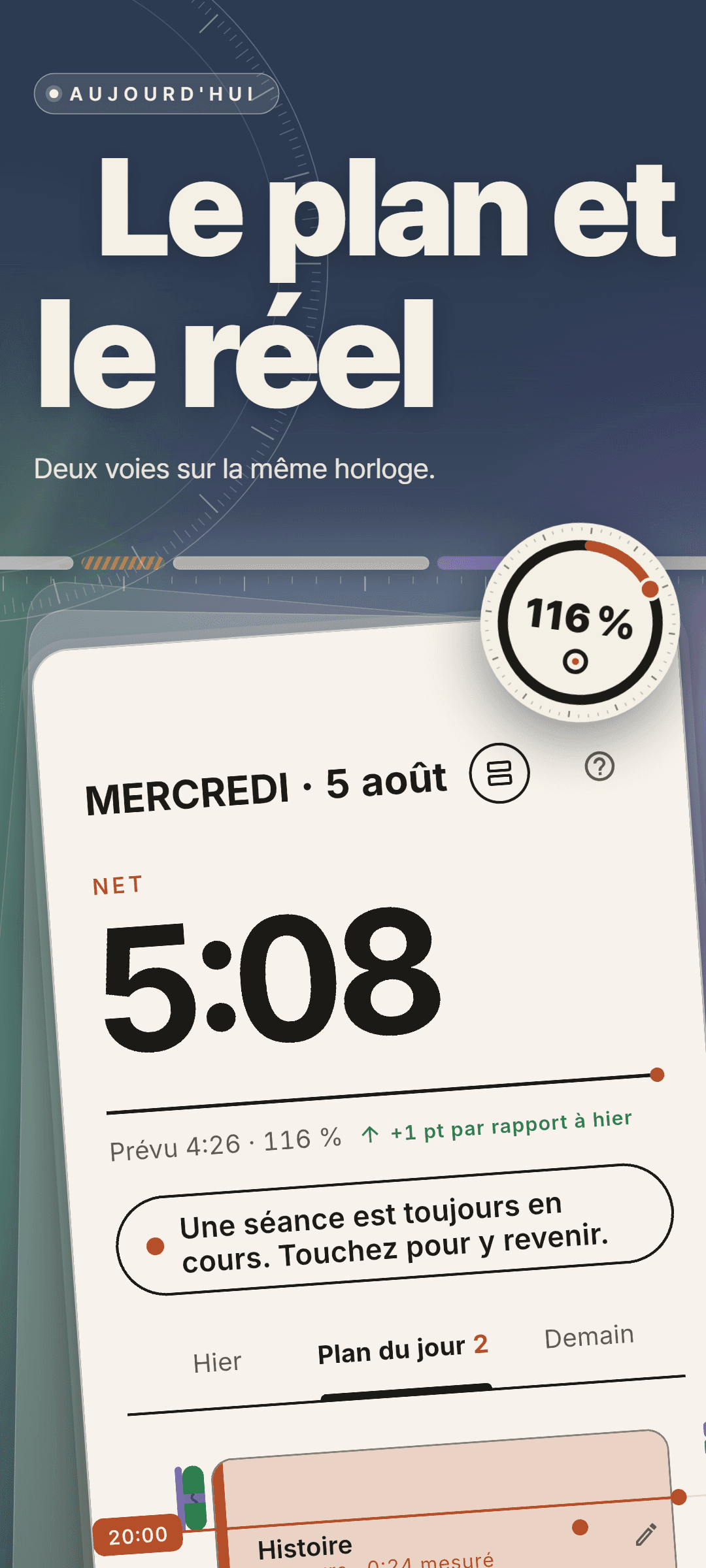 Écran d'accueil du mercredi 5 août : 5:08 net aujourd'hui pour un plan de 4:26 (116 %), un bandeau indiquant qu'une séance est toujours en cours et l'onglet Plan du jour