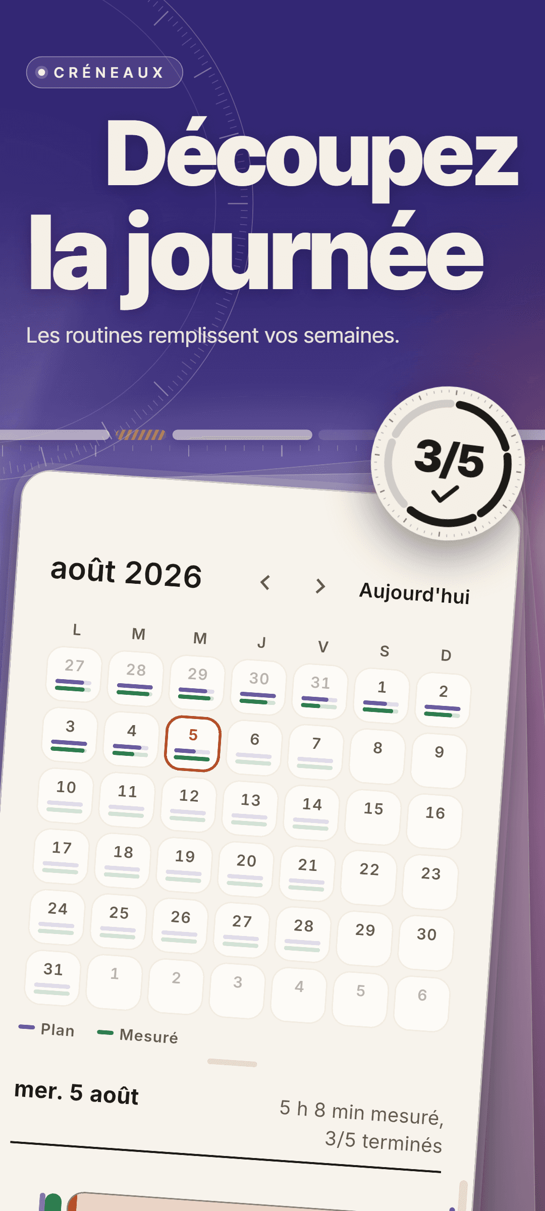 Le calendrier d'août 2026 avec une ligne de plan et une ligne mesurée sous chaque jour, et le 5 août sélectionné : 5 h 8 min mesurées, 3 sur 5 faits