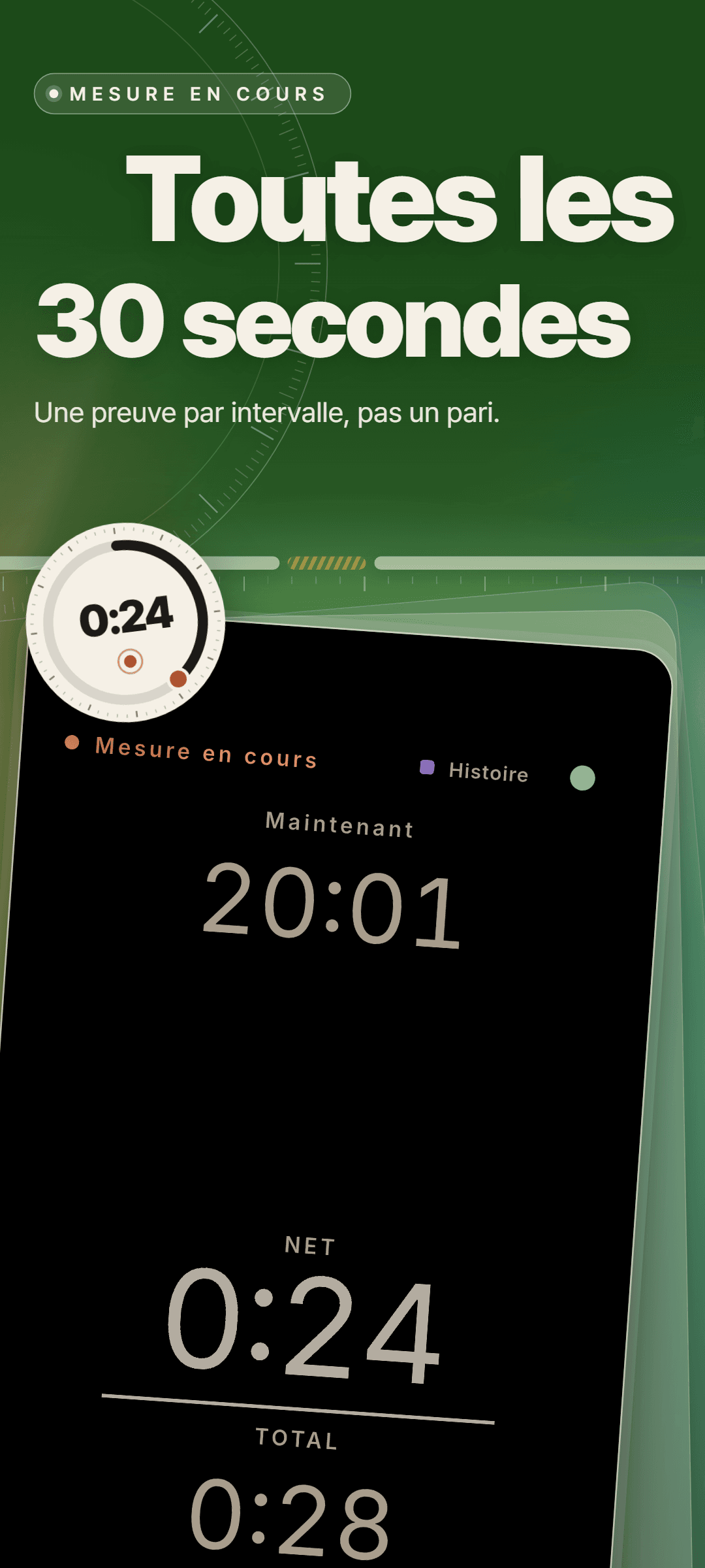 L'écran de mesure, toujours en thème sombre, avec l'heure actuelle, net 0:24 et total 0:28