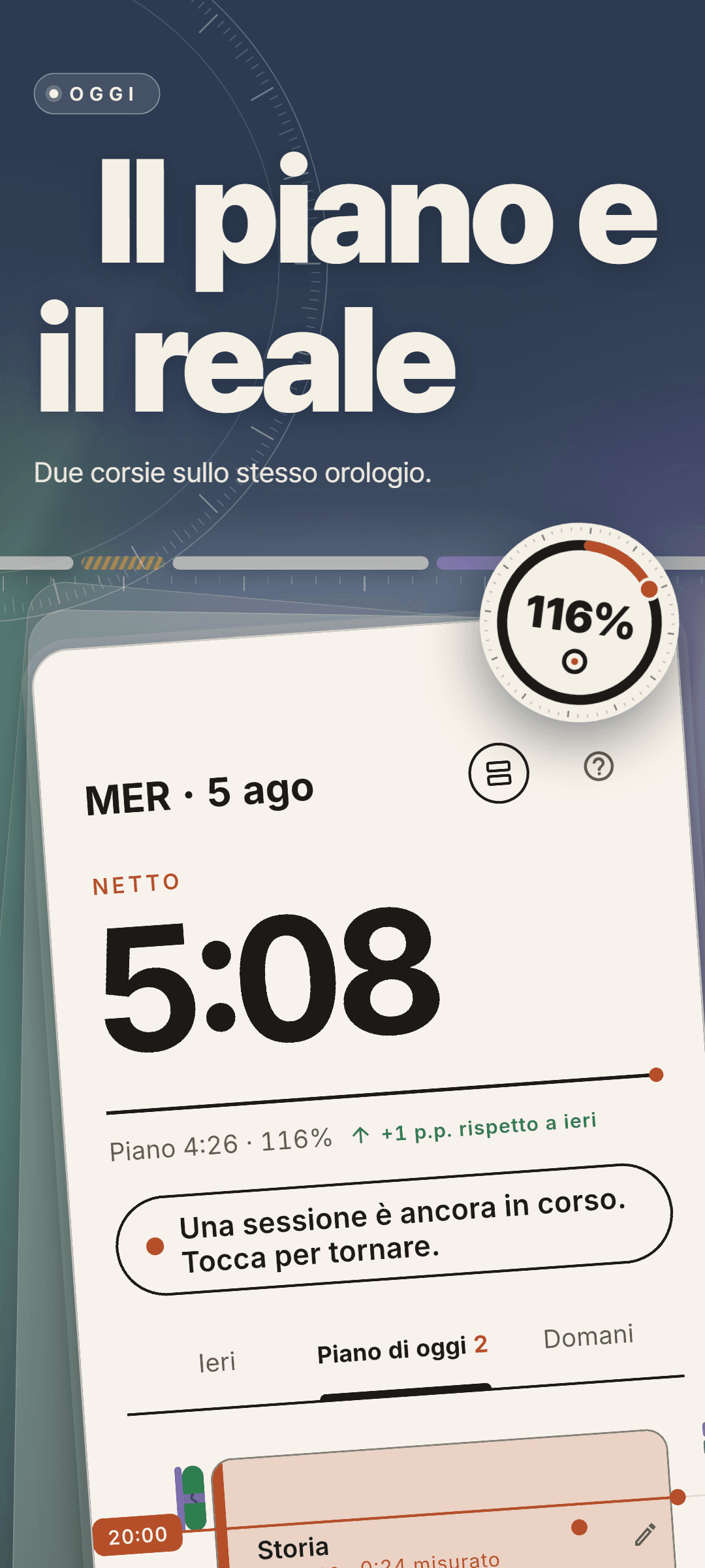 Schermata home di mercoledì 5 agosto: 5:08 netti oggi contro un piano di 4:26 (116%), un avviso che una sessione è ancora in corso e la scheda Piano di oggi