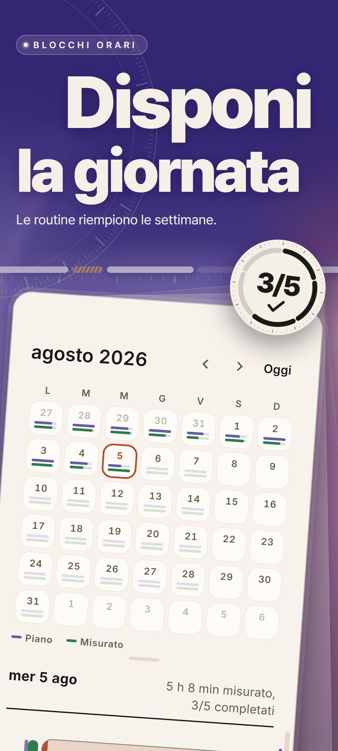 Il calendario di agosto 2026 con una linea del piano e una del misurato sotto ogni giorno, e il 5 agosto selezionato: 5 h 8 min misurati, 3 su 5 fatti