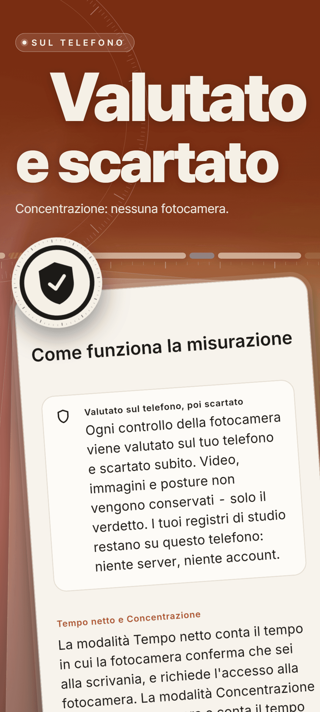 Come funziona la misurazione: una scheda che spiega che ogni controllo della fotocamera viene valutato sul telefono e scartato subito, senza conservare video, immagini o posture, seguita dalla differenza tra Tempo netto e Concentrazione